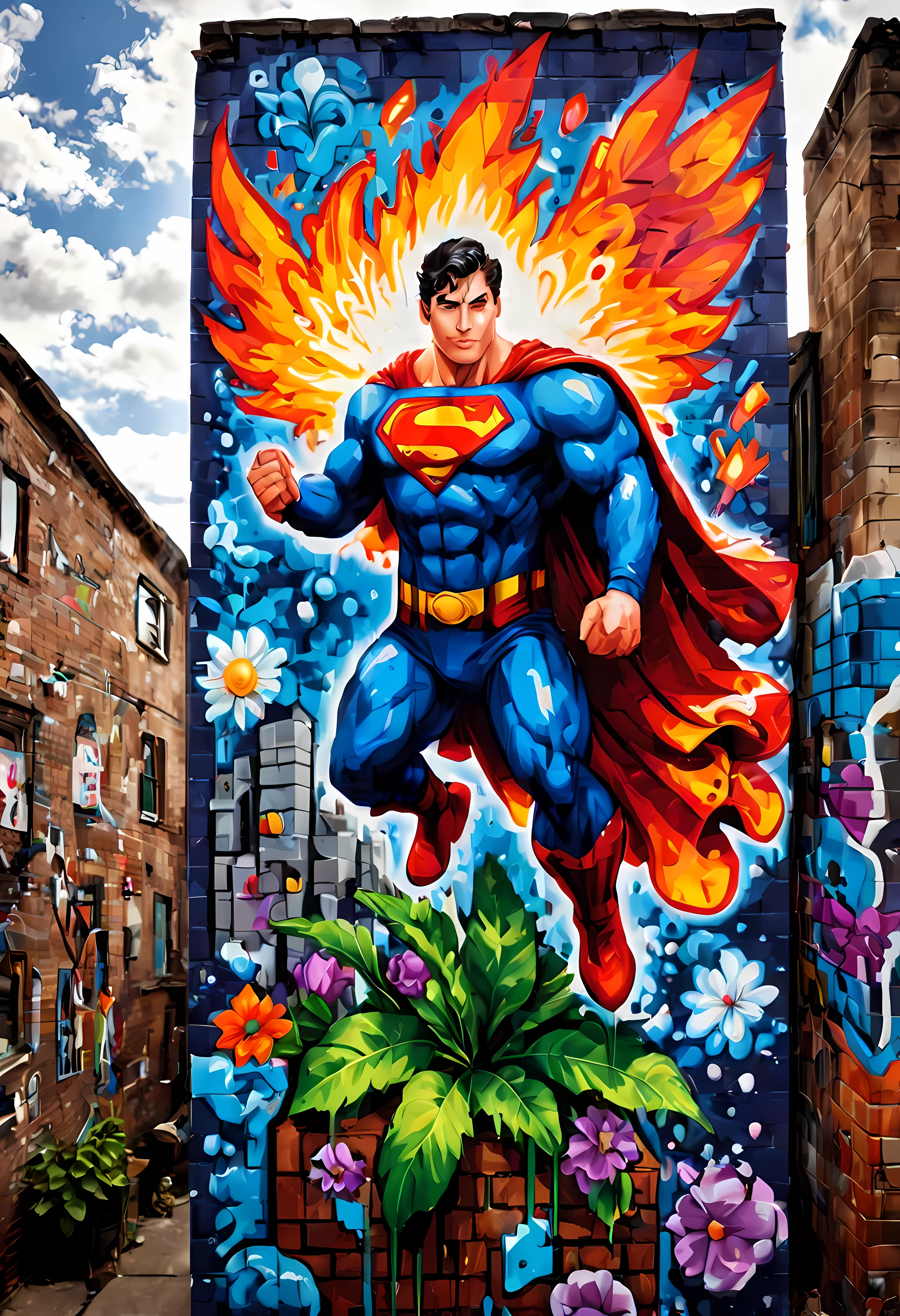 (pixel art:1.4), made of elemental_graffiti, design a mesmerizing ((((wall graffiti)))) featuring heroic Superman in a dynamic pose soaring through the skyline of a (futuristic) city, nature elements, flowers, bold and vibrant colors, cloudy, magic, clean nature environment, intricate details, symbols, abstract, realism, sharp focus, masterpiece in maximum 16K resolution, sharp details, elemental art, graffiti art. | ((More_Detail))
