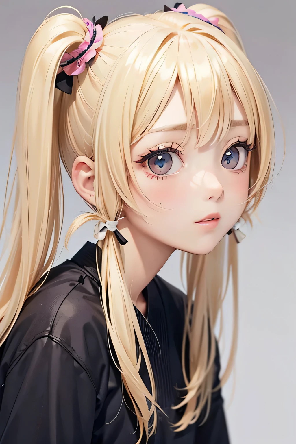 blonde、girl、twin tail hair、Look up to the side、close up of face