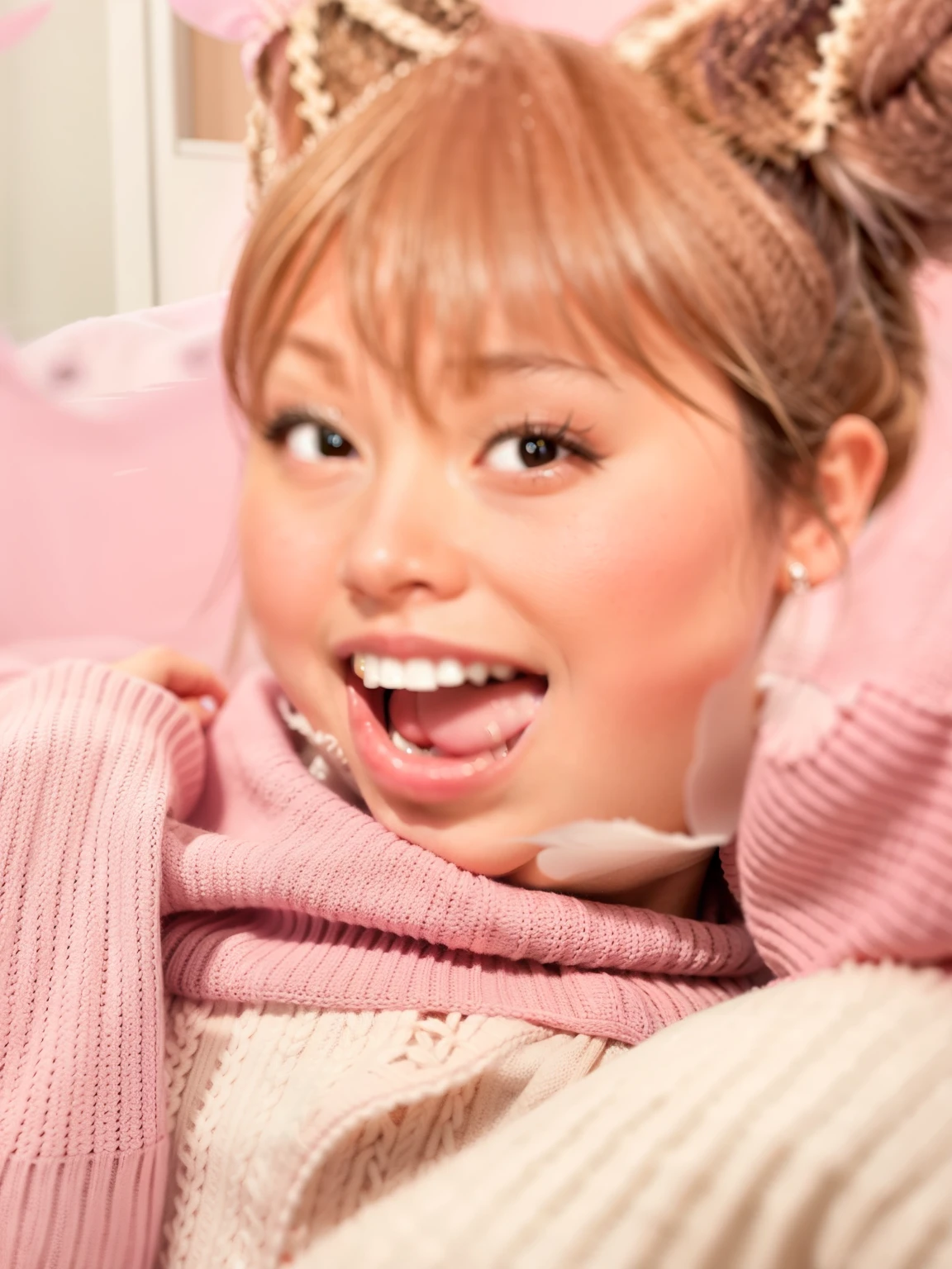 wearing a light pink sweater