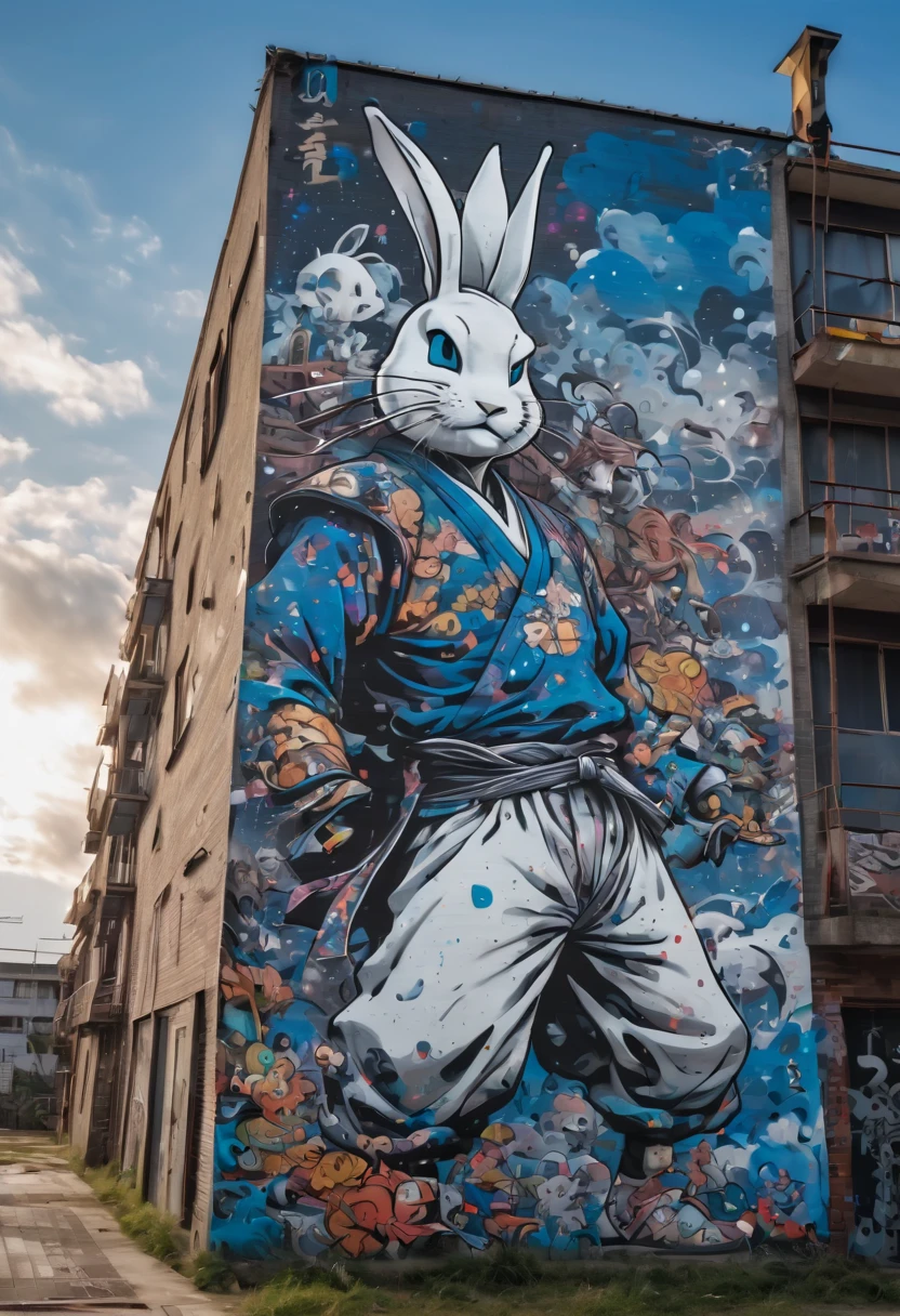 (masterpiece, best quality), magical Graffiti Comics, on a big building, Usagi Yojimbo, ultra detail, wide shot,