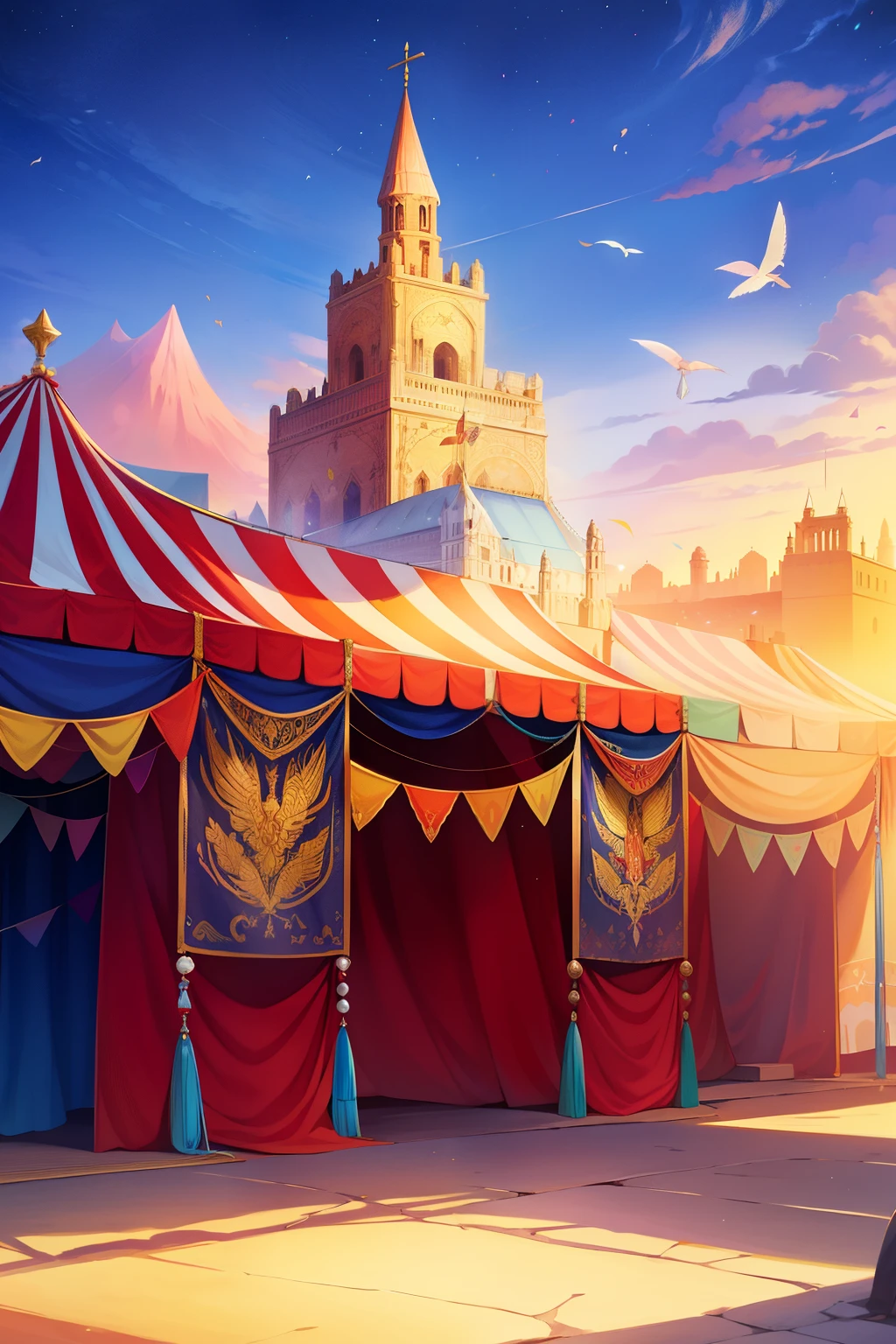 Create a cover for a book found at a vibrant circus, on a sunny day, with colorful banners, devoid of animals or people in the foreground --s2
A captivating cover for an enigmatic tome, unearthed at a lively circus, under the spell of the sun's golden rays, adorned with radiant banners fluttering gentle breezes. Devoid of the usual animal attractions or bustling crowd, the scene offers an intriguing sense of serenity and mystery. The circus's kaleidoscopic colors harmoniously blend with the clear blue sky, framing the profound silence that intrigues you further