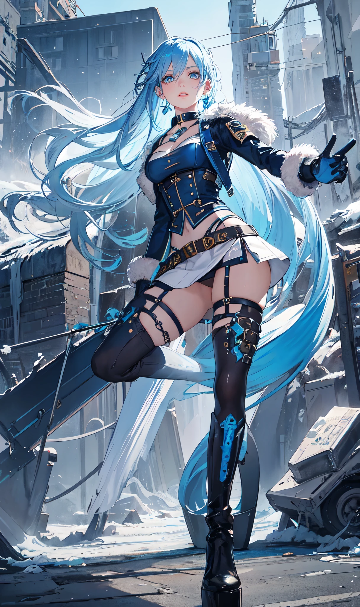 Abandoned winter industrial town background,(pure white straight hair:2.0),(blue cu rlhair end:2.0)issue card,Standing close-up,dream world,scars on face,(Slender blue phoenix eyes,pink lipstick,long eyelashes),Gloves,Short sword,choker,(Assassin's Tight Combat Suit,Torn and worn midriff-baring combat uniform,Leather miniskirt,leg rings,belt:2.0),fur tube top(choker),Over-the-knee high-heeled boots,strappy high heel boots,There are many straps on the legs,Detailed drawn background