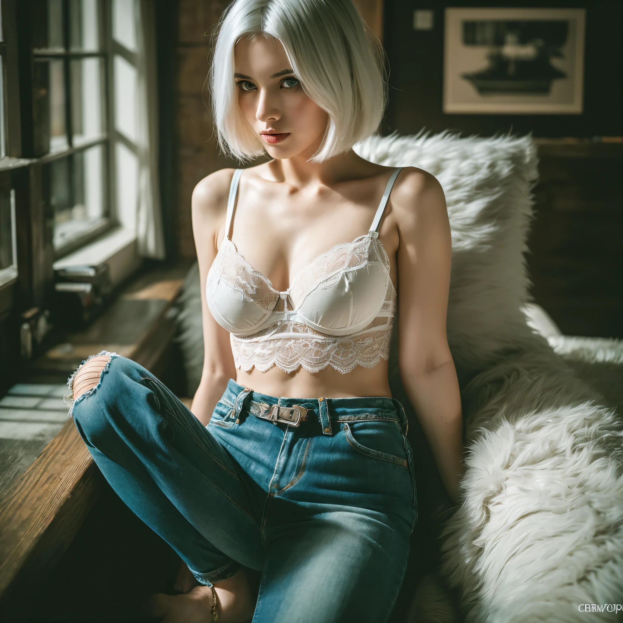 white haired woman,short bob,red eyes,denim skirt,spread legs,lingerie,pants,No bra,モデルphotographスタイル, (Highly detailed CG 8k wallpaper unit), The most beautiful art pictures in the world, majestic professional (photograph:Steve McCurry), 8k UHD, Digital single-lens reflex camera, soft lighting, high quality, film grain, Fujifilm XT3 sharp focus, f5.6, high detail, sharp focus, dramatic, (wearing dieselpunk clothes), (looking at the viewer:1.2),