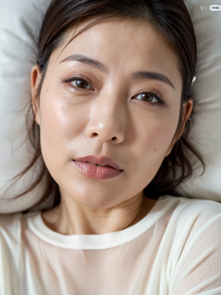 close-up lips,(top quality:1.3),(masterpiece:1.2),(ultra-detailed:1.2),(photo realistic:1.2),UHD, Textured skin, anatomically correct,(Glossy lips:1.2),(Curvy Body),(sleepy eyes:1.2),((One woman)),((beautiful)),((Japanese mature woman)),45 years old, milf_saga, white t-shirts,seductive pose,white background