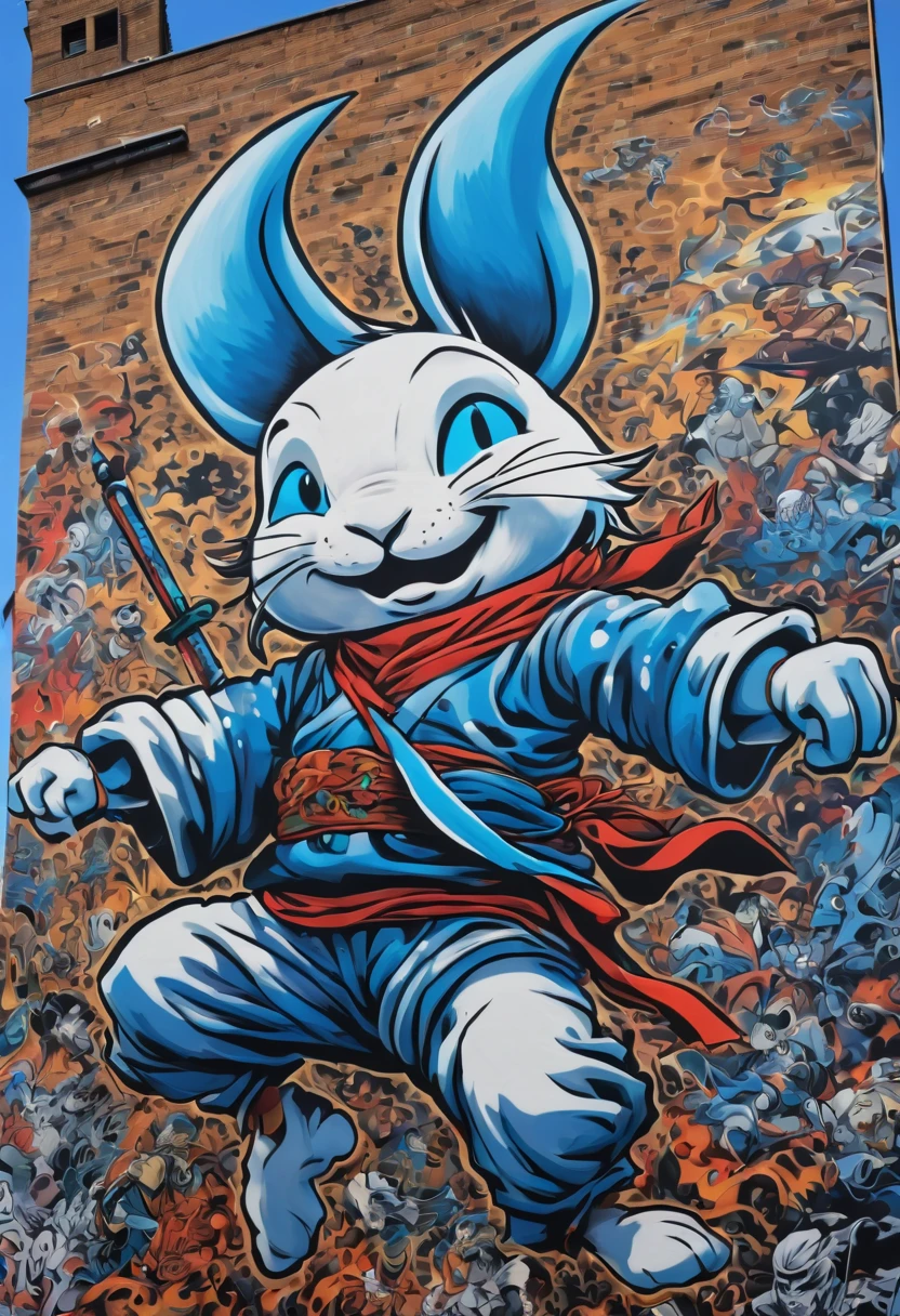 (masterpiece, best quality), magical Graffiti Comics, on a big building, Usagi Yojimbo, ultra detail, wide shot,