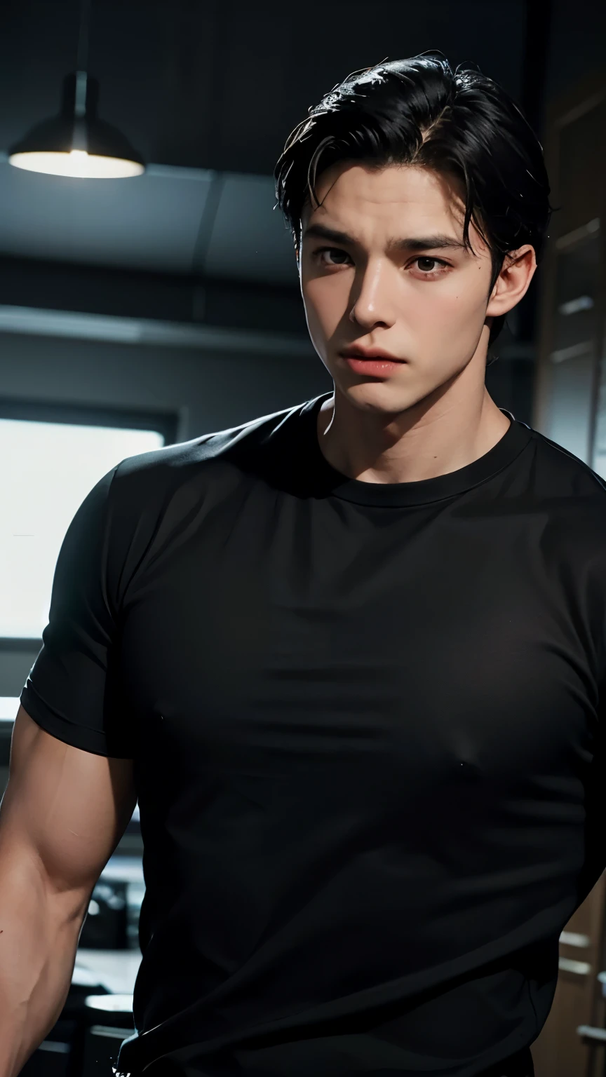 Young Bruce Wayne man black hair, big muscular body, black shirt, in dark kitchen