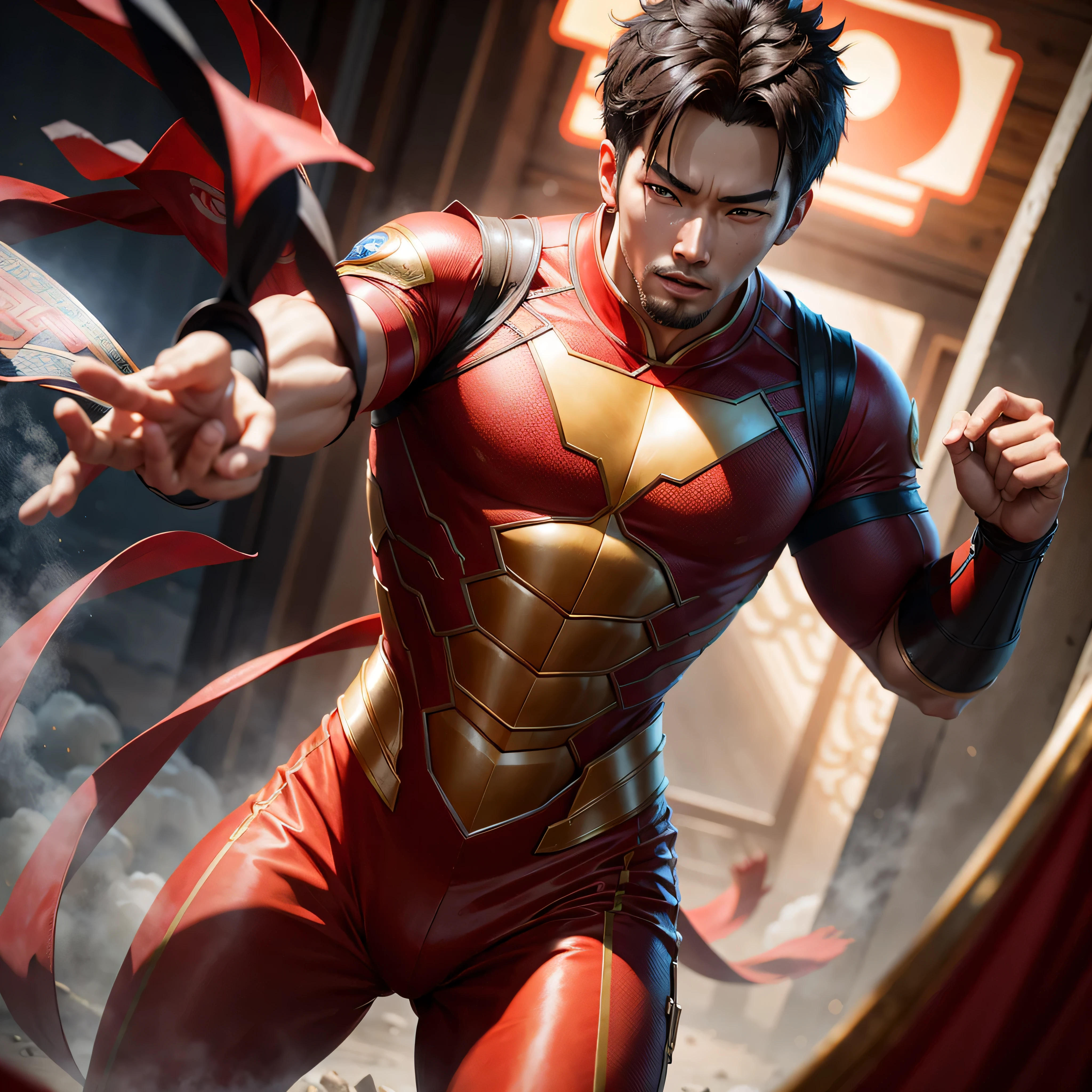 Chinese Guy Super Hero Red clothes Chinese clothes, photo-realistic, octane render, unreal engine, ultra-realistic
