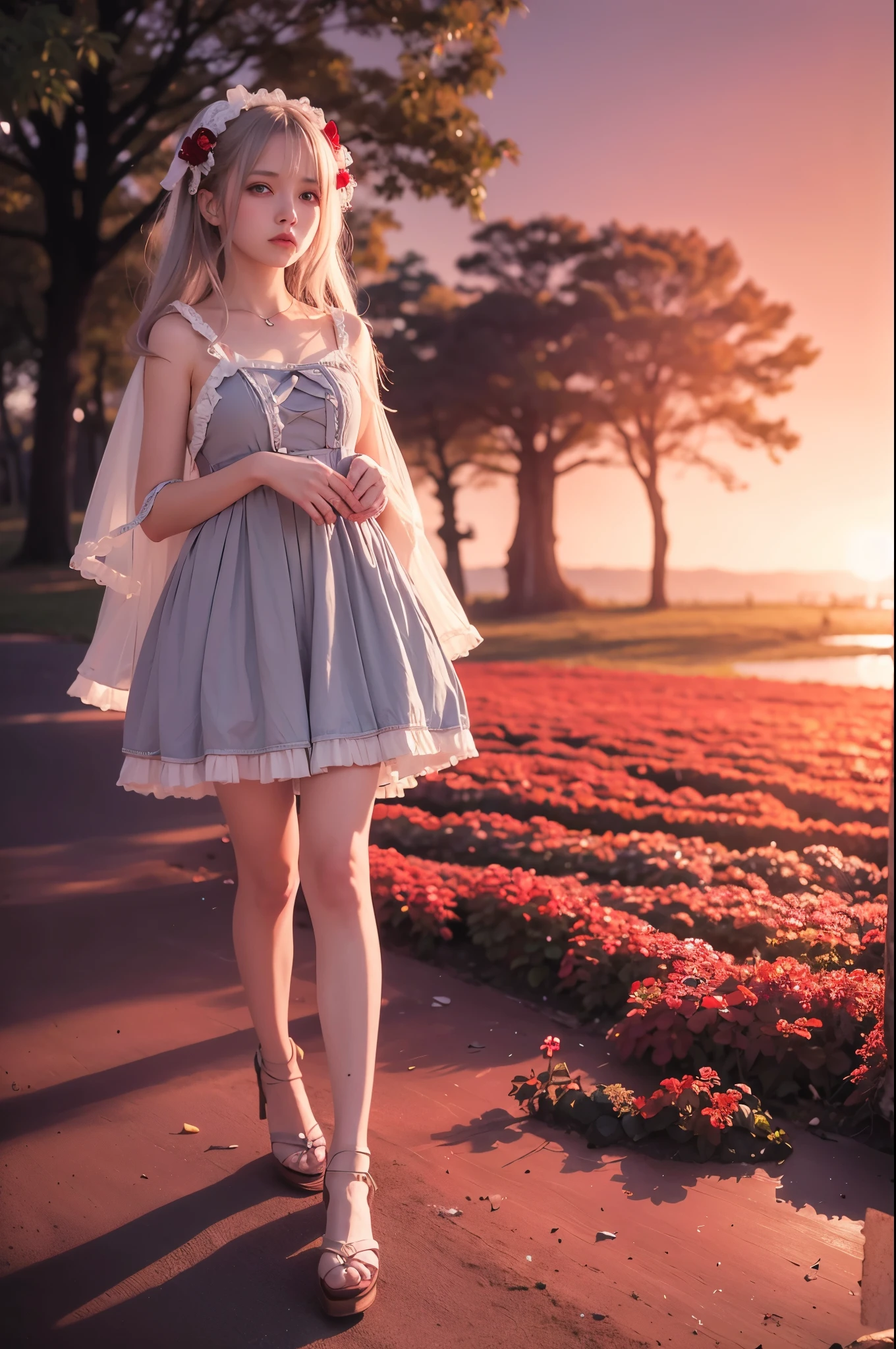 (highest quality, Tabletop), (One Girl, alone, White Dress, Are standing , View Viewer, Transparent blonde, Red eyes, Mouth closed, ),((Red Rose)), One woman、20-year-old woman、Flat body、Slime-ified、cute、Elementary school student's face、 (Background blur)、(shine:1.3)、(Blue geometric background:1.3)、(head shot)、Red Rose、Red flower
