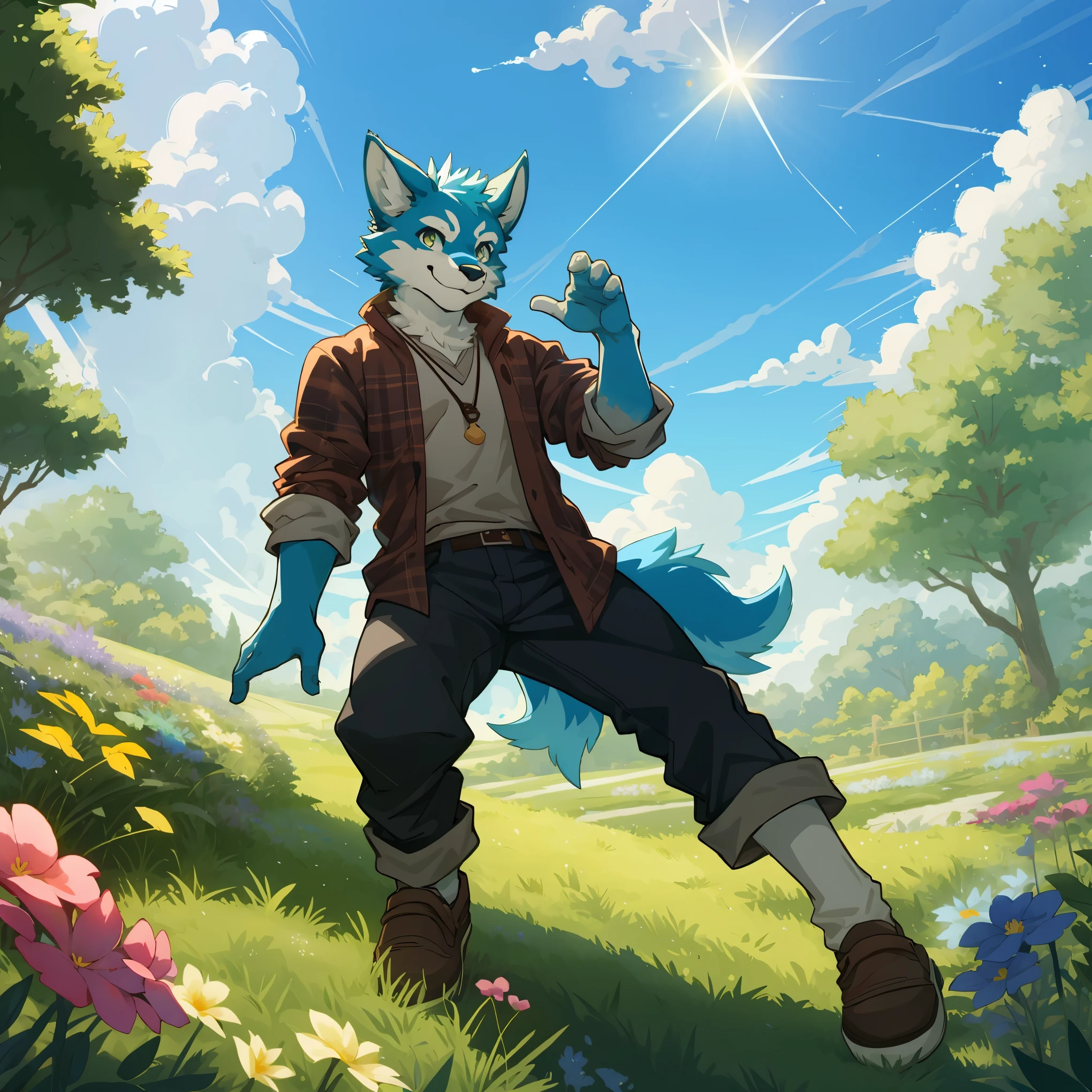 top quality, highres, High-quality illustrations, unparalleled masterpiece(movie of life)nature-inspired imagery, rendered in maya, romanticized views, lively illustrations, hyper-realistic, whimsical cartoonish, farm, Blue sky, clouds, florals Beautiful garden(furry anthro, solo, boy, casual fashion, Relux pose, Smile)absurdres, perfect anatomy, caustics, cinematic lighting, lens flare, deep shadow, dynamic angle,