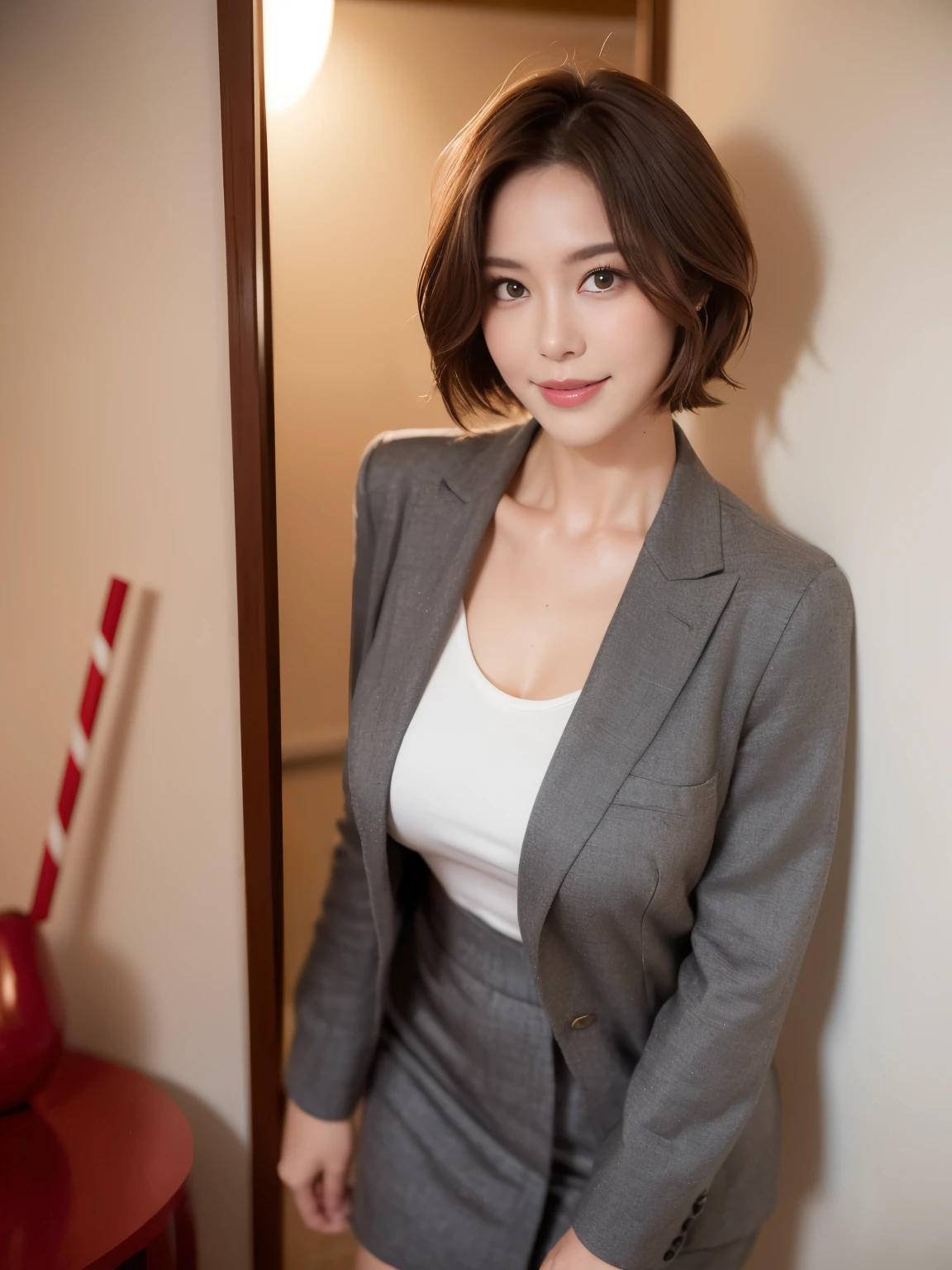 masterpiece,highest quality, (1 milf、42 years old), ((close:0.5)), ((Cross Arm)), glare, gray blazer, white shirt, double eyelid, eyelash, lip gloss, (smile:1), ((close your eyes:0.85)), ((looking at the viewer、The whole body is reflected、Are standing)), to be born, (From above:0.2), ((no one)), (office)、(knee length、knee high boots)、written boundary depth、尖ったred mouth、(reddish brown wet shiny short hair,,,,,,,,,),red mouth,clavicle、full body portrait、digital illustration, (Photoreal:1.3),(RAW photo.)