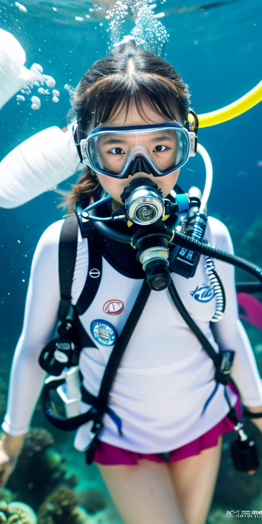 scuba diving, A 10-year-old Japanese girl breathes from a tank to a regulator., pure white wet suit, colorful tail., masterpiece, Accurate, highest quality, High resolution