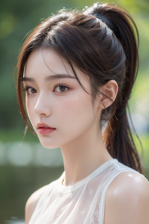 (best quality, 8k, masterpiece :1.3)), 1 girl (Dark brown hair, ponytail), wet:1.2, Super detailed faces, delicate eyes, double eyelids