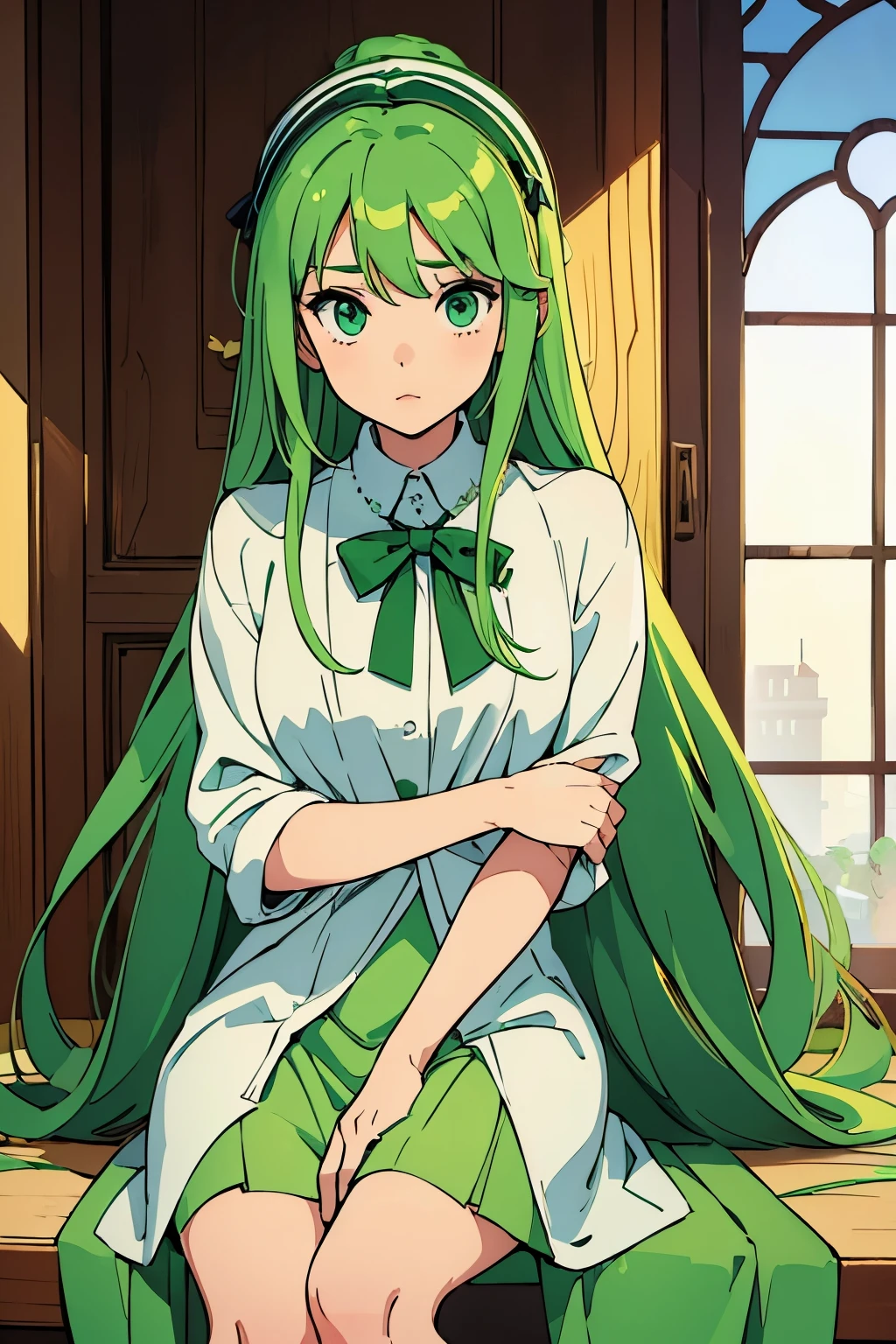 (Best quality:1.1), (Masterpiece:1.4), (Illustration fantastique:1.2), 1fille, cute girl, green hair, green and white clothes, Saudi girl, Saudi Arabia 🇸🇦