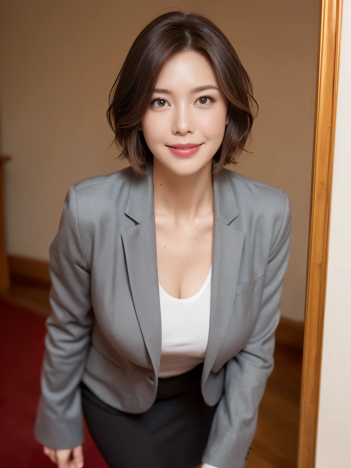 masterpiece,highest quality, (1 milf、44 years old), ((close:0.5)), ((Cross Arm)), glare, gray blazer, white shirt, double eyelid, eyelash, lip gloss, (smile:1), ((close your eyes:0.85)), ((looking at the viewer、The whole body is reflected、Are standing)), to be born, (From above:0.2), ((no one)), （office）、（black leather、knee length、knee high boots）、written boundary depth、尖ったred mouth、(reddish brown wet shiny short hair,,,,,,,,,),red mouth,clavicle、full body portrait、digital illustration, (Photoreal:1.3),(Raw photo.)