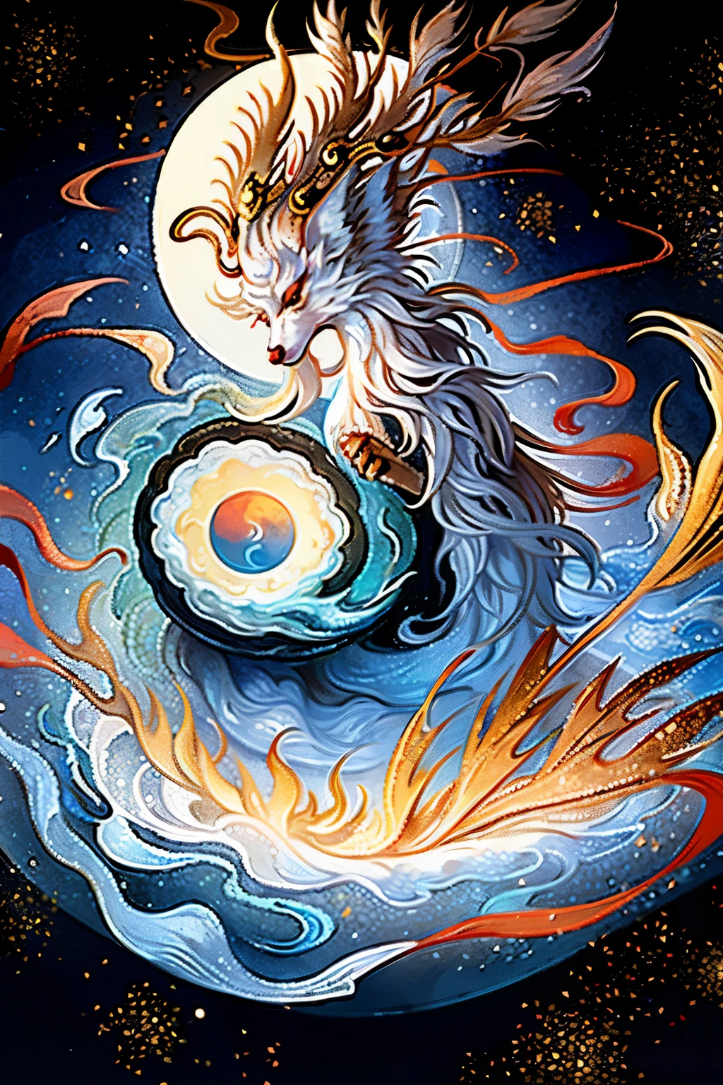 "Classic of Mountains and Seas异兽·九尾狐，《Classic of Mountains and Seas》The legendary creature emerges, captivating the beholder's gaze. Its ethereal presence radiates purity, adorned in a pristine white coat that seems untouched by the passage of time. Each of its nine tails, resplendent and voluminous, flickers with enigmatic runes that shimmer mysteriously. The fox's head, distinguished with distinct fox-like features, gazes with cunning and wisdom, evoking a sense of ancient wisdom. The backdrop of the sacred forest, bathed in the enchanting glow of the moon, adds an air of simplicity and mythical allure, transporting one to a realm of wonder and fascination."