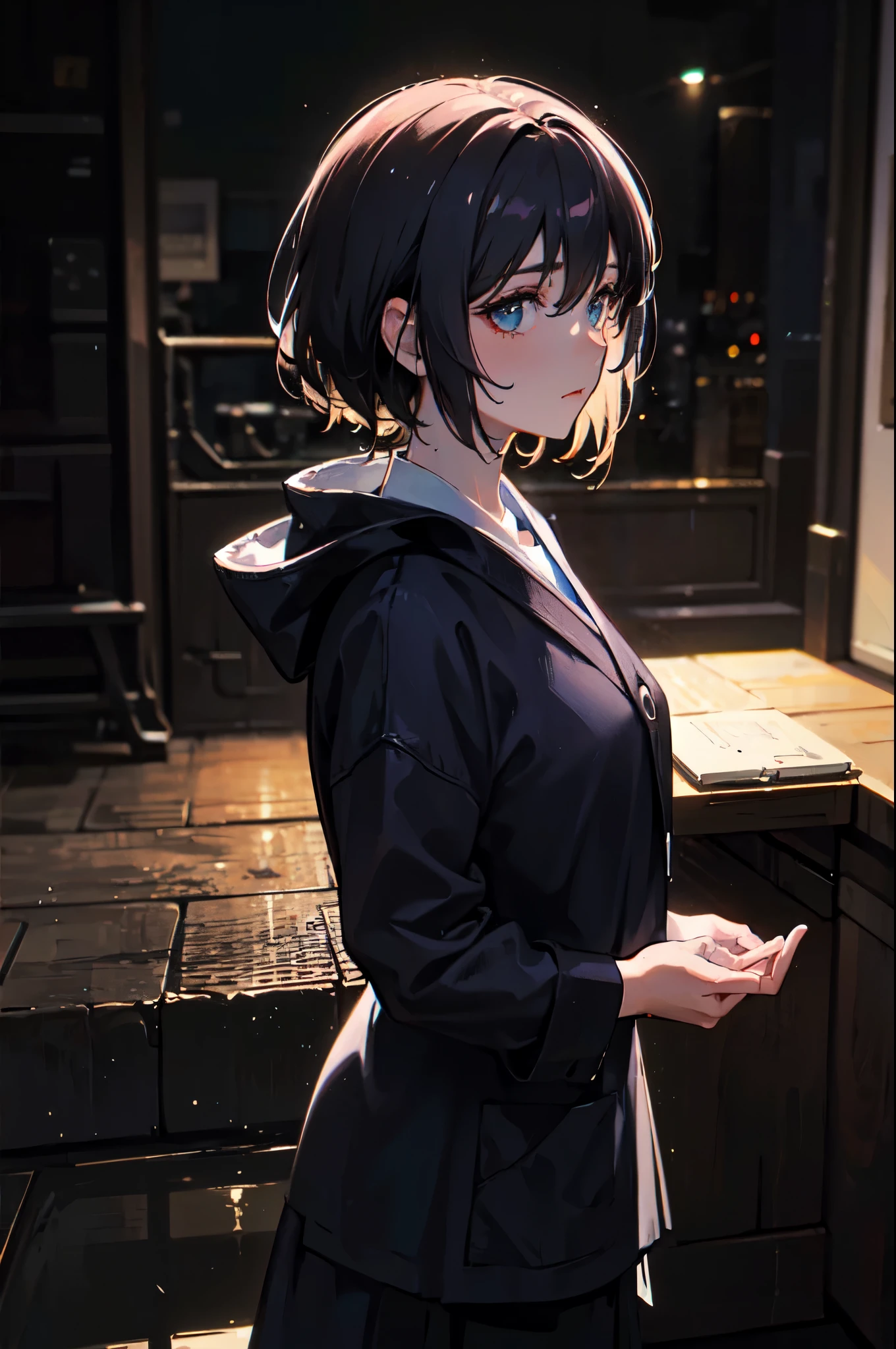 Japanese cartoons/comic style, (Fujimoto style:1.1), (blurred background:1.1), (best quality:1.2), (Super detailed:1.1), (photorealistic:1.37), (bright colors), (studio lighting:1.1), (dark atmosphere:0.9), (mysterious atmosphere:1.1), (dramatic lighting:1.1), (Contrasting colors), (hazy light:1.1), (neon lights:1.1), (rainy environment), (reflection on wet pavement:1.1), (intense expression:1.1), (sharp focus), (firm eyes), ( cold expression:1.1), (well styled hair), (Textured clothes), (sharp cut:1.1), (Stylish silhouette:1.1),