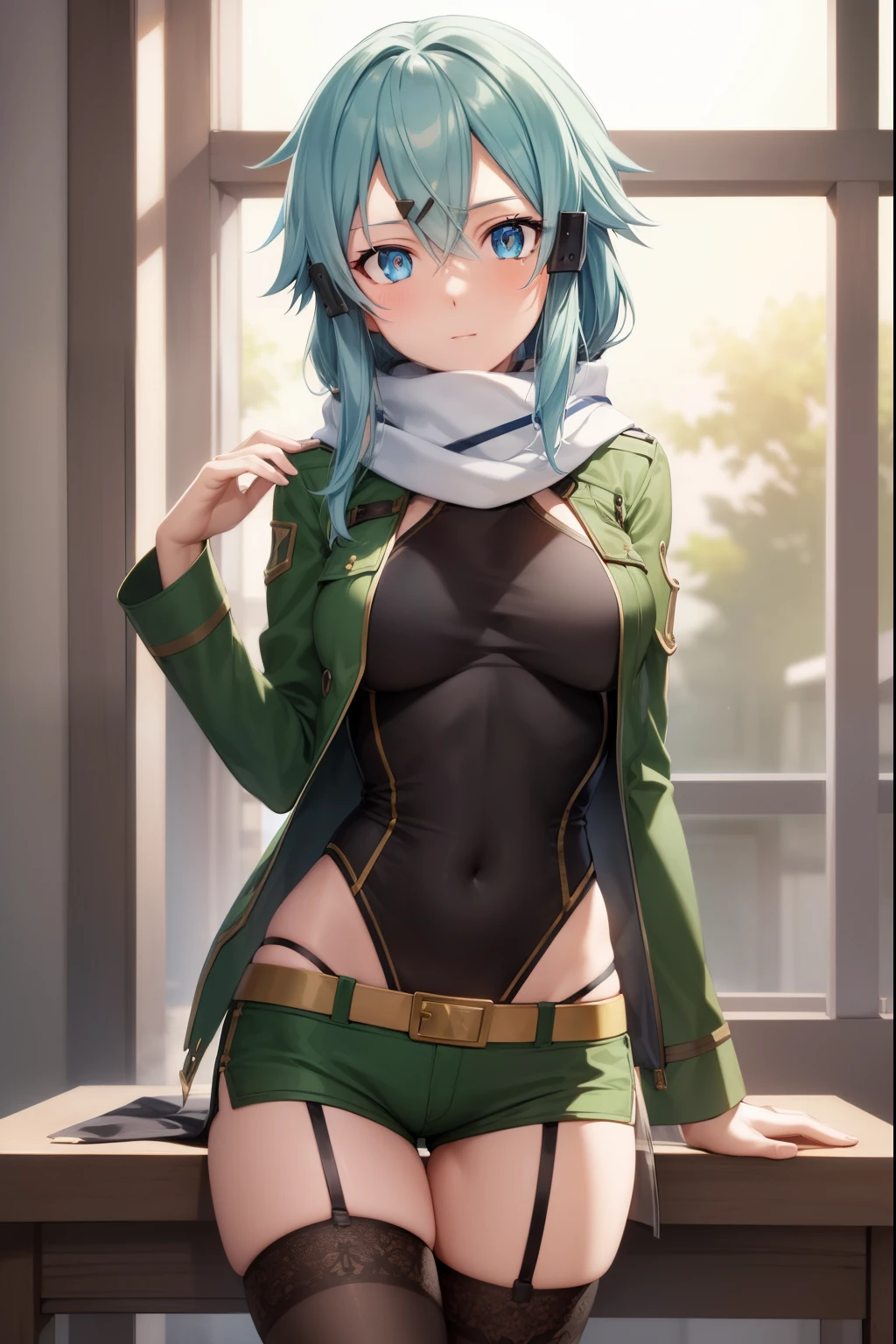 masterpIece, best qualIty, hIghres, 1gIrl, sInon1, scarf, long sleeve, short shorts, haIr ornament, haIrclIp, green thIghhIghs, green jacket, thIgh strap, hand on hIp, leanIng forward, :I, outdoors, put your hands on your knees, whole body, break Indoors, break classroom, break (masterpIece:1.2), best qualIty, hIgh resolutIon, unIty 8k wallpaper, (IllustratIon:0.8), (beautIful detaIled eyes:1.6), extremely detaIled face, perfect lIghtIng, extremely detaIled CG, (perfect hands, perfect anatomy)