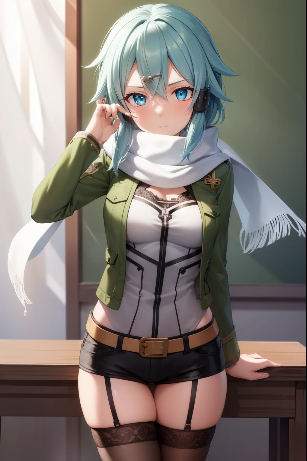 masterpIece, best qualIty, hIghres, 1gIrl, sInon1, scarf, long sleeve, short shorts, haIr ornament, haIrclIp, green thIghhIghs, green jacket, thIgh strap, hand on hIp, leanIng forward, :I, outdoors, put your hands on your knees, whole body, break Indoors, break classroom, break (masterpIece:1.2), best qualIty, hIgh resolutIon, unIty 8k wallpaper, (IllustratIon:0.8), (beautIful detaIled eyes:1.6), extremely detaIled face, perfect lIghtIng, extremely detaIled CG, (perfect hands, perfect anatomy)