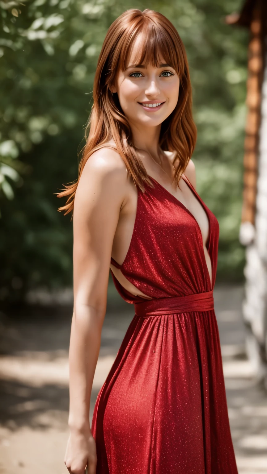 realistic body shot photo of a swedish red head smiling woman walking in front of the camera wearing a red summer dress. Bangs hair, zoo. sun is shining. perfect butt, glamour photoshoot. beautiful face, perfect anatomy, fit girl, looking into the camera, strong hip:1.2, wide hip:1.3, 22 yo woman. (Eye makeup:1.1), (highly detailed skin:1.1), RAW, analog style, sharp focus, 8k UHD, DSLR, high quality, Fujifilm XT3, grain, award winning, masterpiece. Dakota Johnson