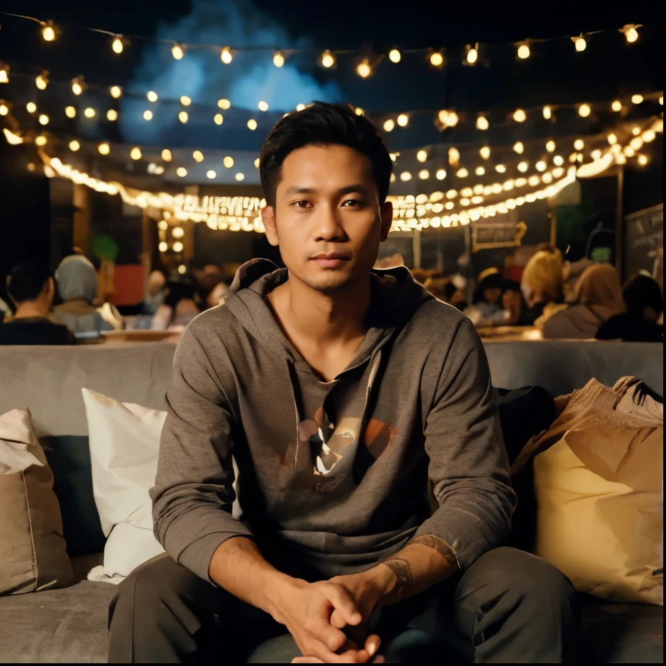 Photorealistic of a black blackboard, there is a picture of a 30 year old Indonesian man wearing hoodie with blue chalk, a signature (Dannie Herdyawan) uses handwritten font with red chalk, the blackboard is on the wall, the picture and text use chalk. The background is dark wall, below blackboard is teacher table. Make sure the text (Dannie Herdyawan) is read clearly.