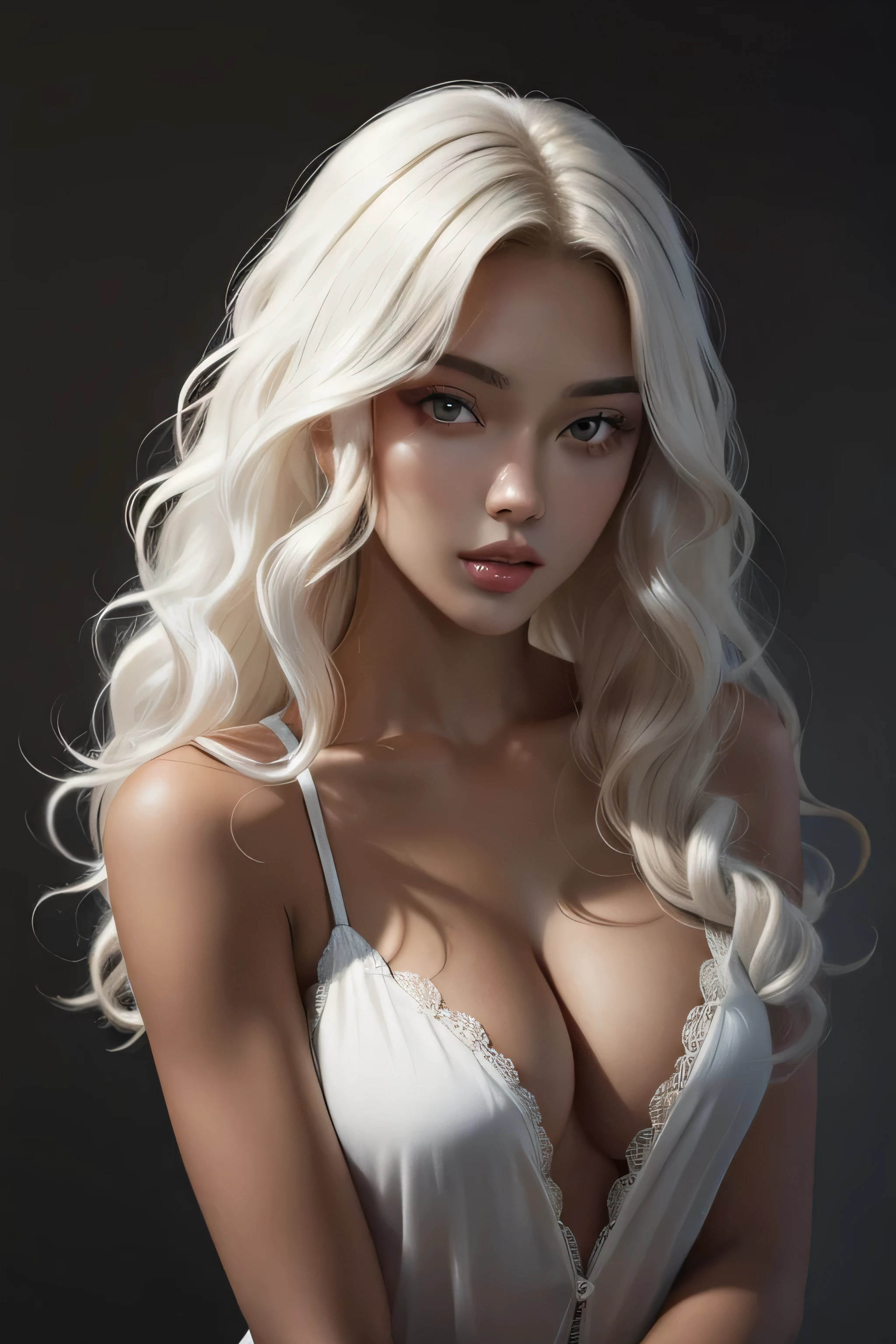 masterpiece, best quality, beautiful 19 year old, brown skin female, long wild, frizzy curly white hair, perfect face, half body