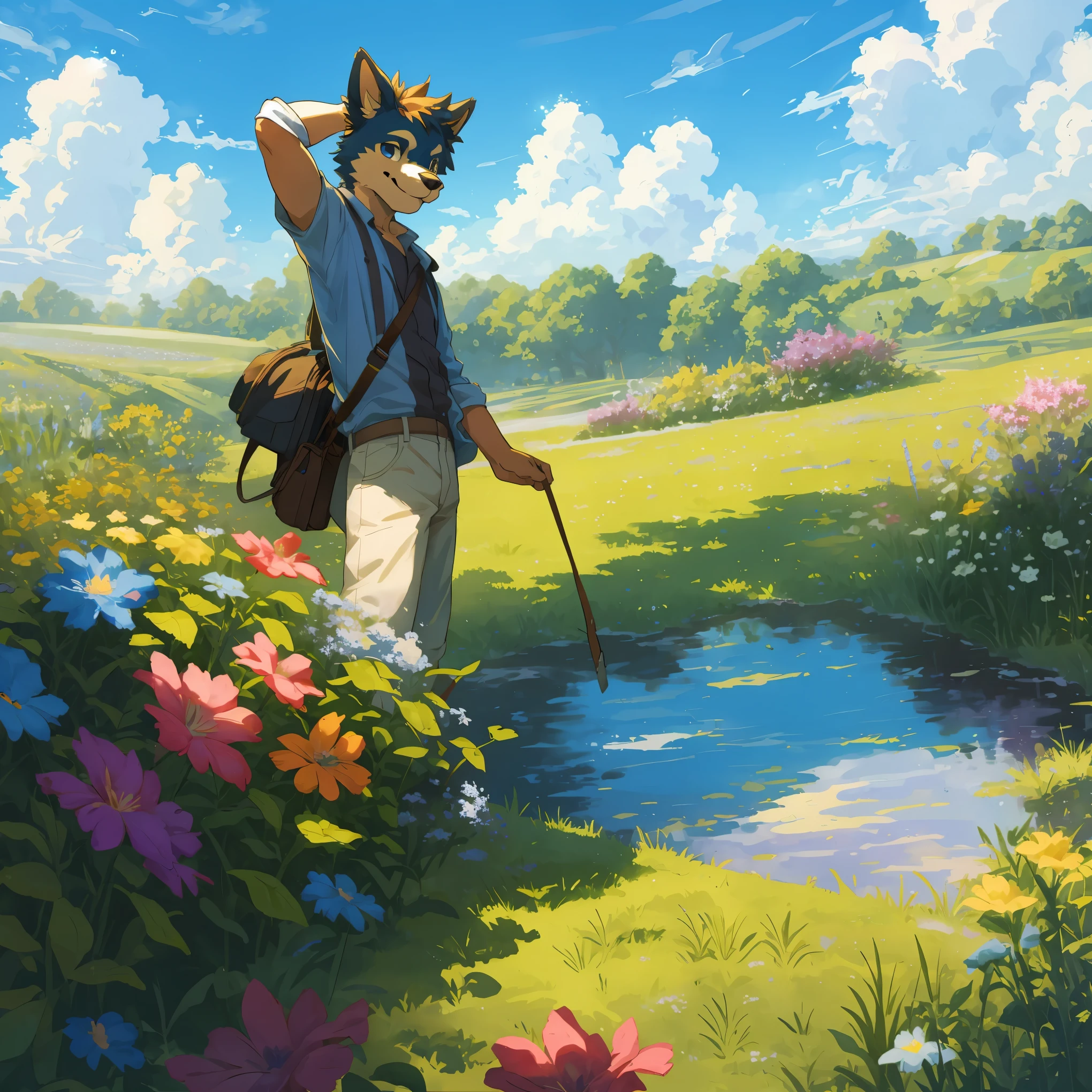 top quality, highres, High-quality illustrations, unparalleled masterpiece(movie of life)nature-inspired imagery, rendered in maya, romanticized views, lively illustrations, hyper-realistic, whimsical cartoonish, farm, Blue sky, clouds, florals Beautiful garden(furry anthro, solo, boy, casual fashion, Relux pose, Smile)absurdres, perfect anatomy, caustics, cinematic lighting, lens flare, deep shadow, dynamic angle,