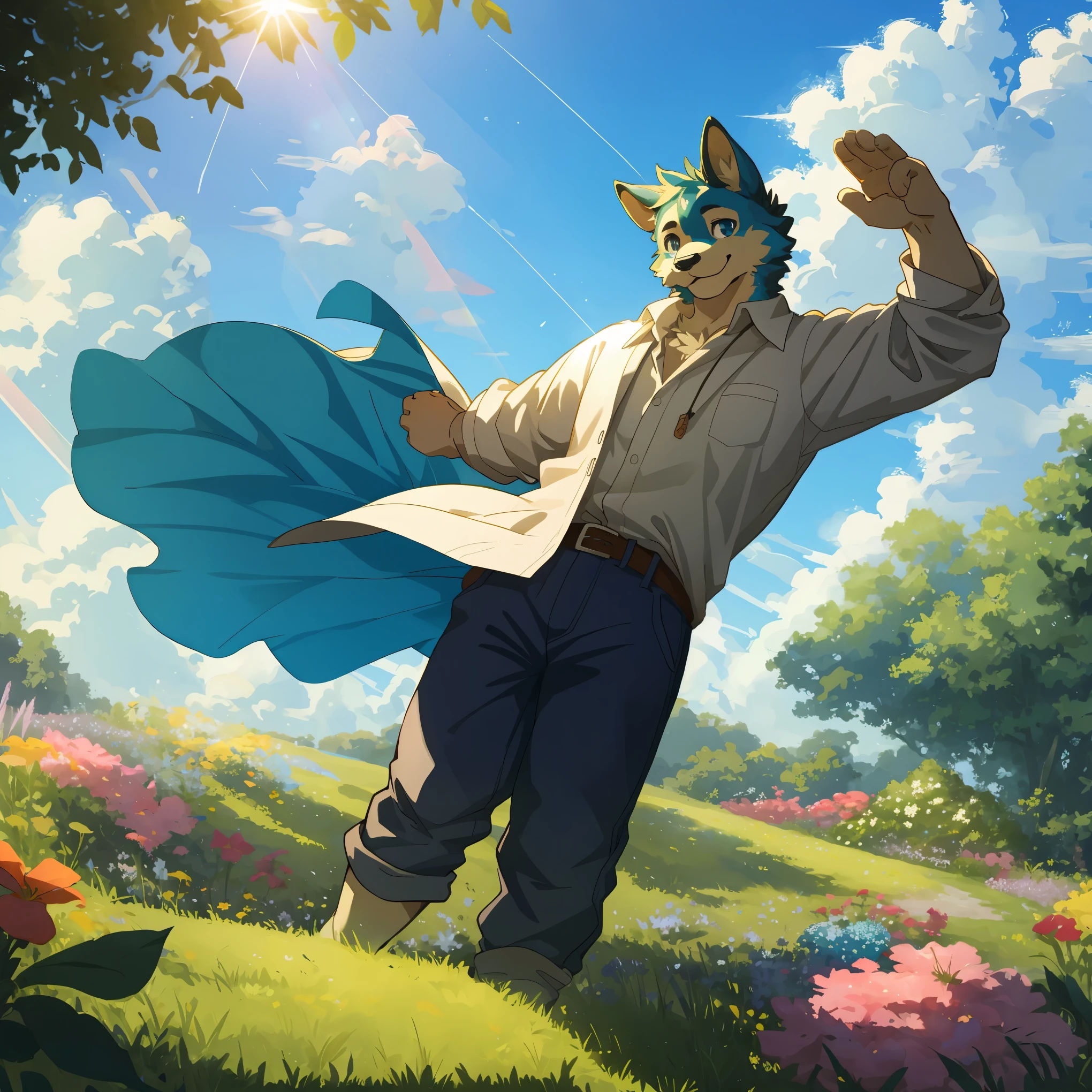 top quality, highres, High-quality illustrations, unparalleled masterpiece(movie of life)nature-inspired imagery, rendered in maya, romanticized views, lively illustrations, hyper-realistic, whimsical cartoonish, farm, Blue sky, clouds, florals Beautiful garden(furry anthro, solo, boy, casual fashion, Relux pose, Smile)absurdres, perfect anatomy, caustics, cinematic lighting, lens flare, deep shadow, dynamic angle,