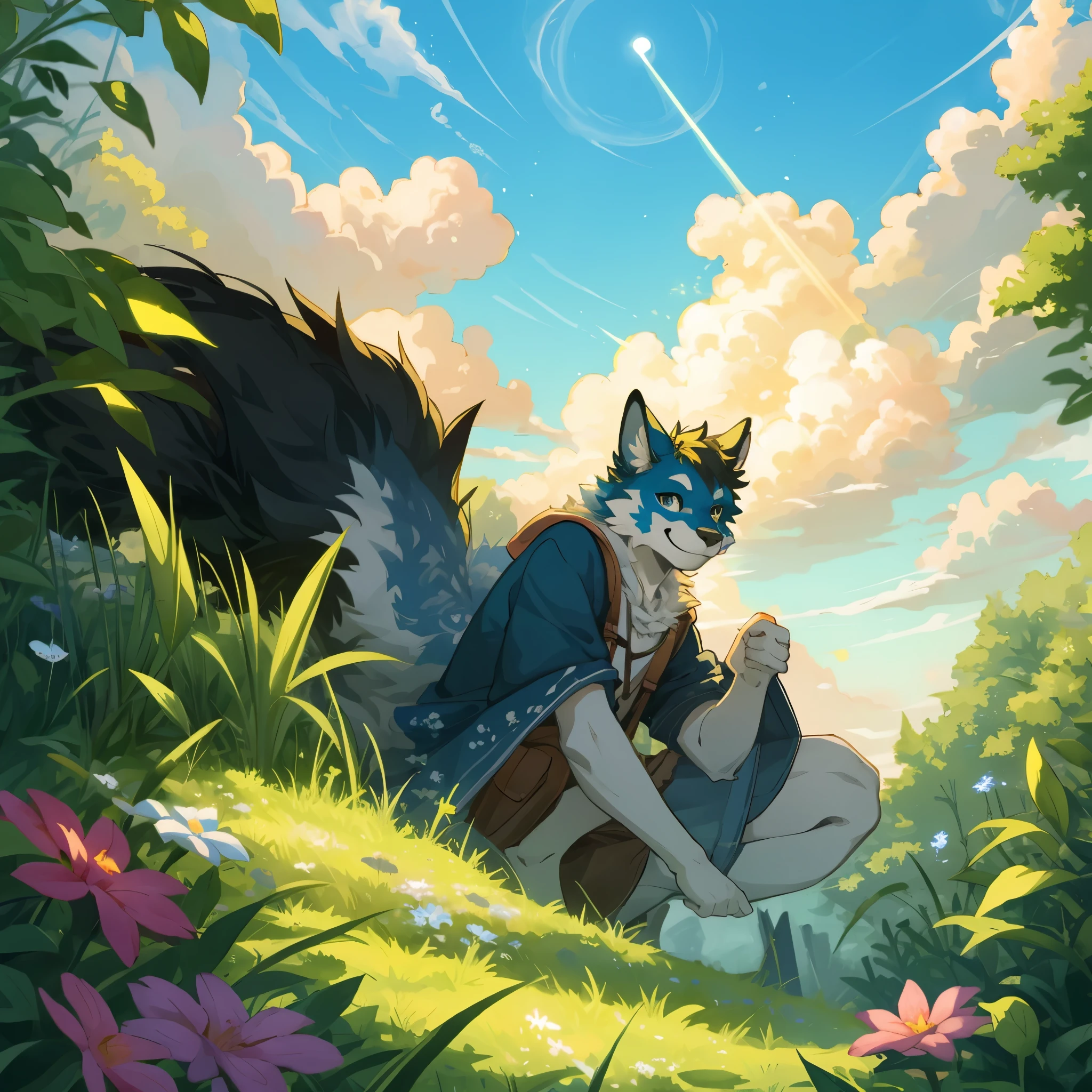 top quality, highres, High-quality illustrations, unparalleled masterpiece(movie of life)nature-inspired imagery, rendered in maya, romanticized views, lively illustrations, hyper-realistic, whimsical cartoonish, farm, Blue sky, clouds, florals Beautiful garden(furry anthro, solo, boy, casual fashion, Relux pose, Smile)absurdres, perfect anatomy, caustics, cinematic lighting, lens flare, deep shadow, dynamic angle,