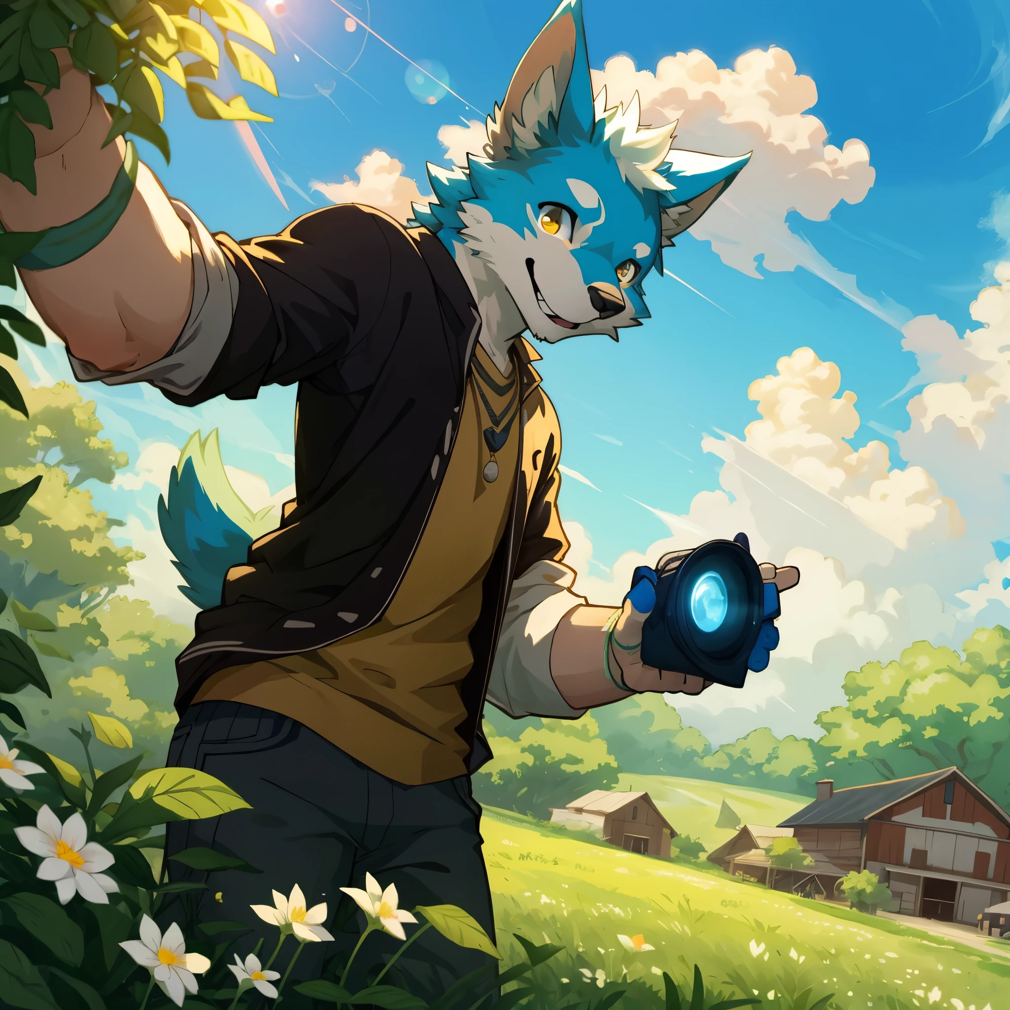 top quality, highres, High-quality illustrations, unparalleled masterpiece(movie of life)nature-inspired imagery, rendered in maya, romanticized views, lively illustrations, hyper-realistic, whimsical cartoonish, farm, Blue sky, clouds, florals Beautiful garden(furry anthro, solo, boy, casual fashion, Relux pose, Smile)absurdres, perfect anatomy, caustics, cinematic lighting, lens flare, deep shadow, dynamic angle,