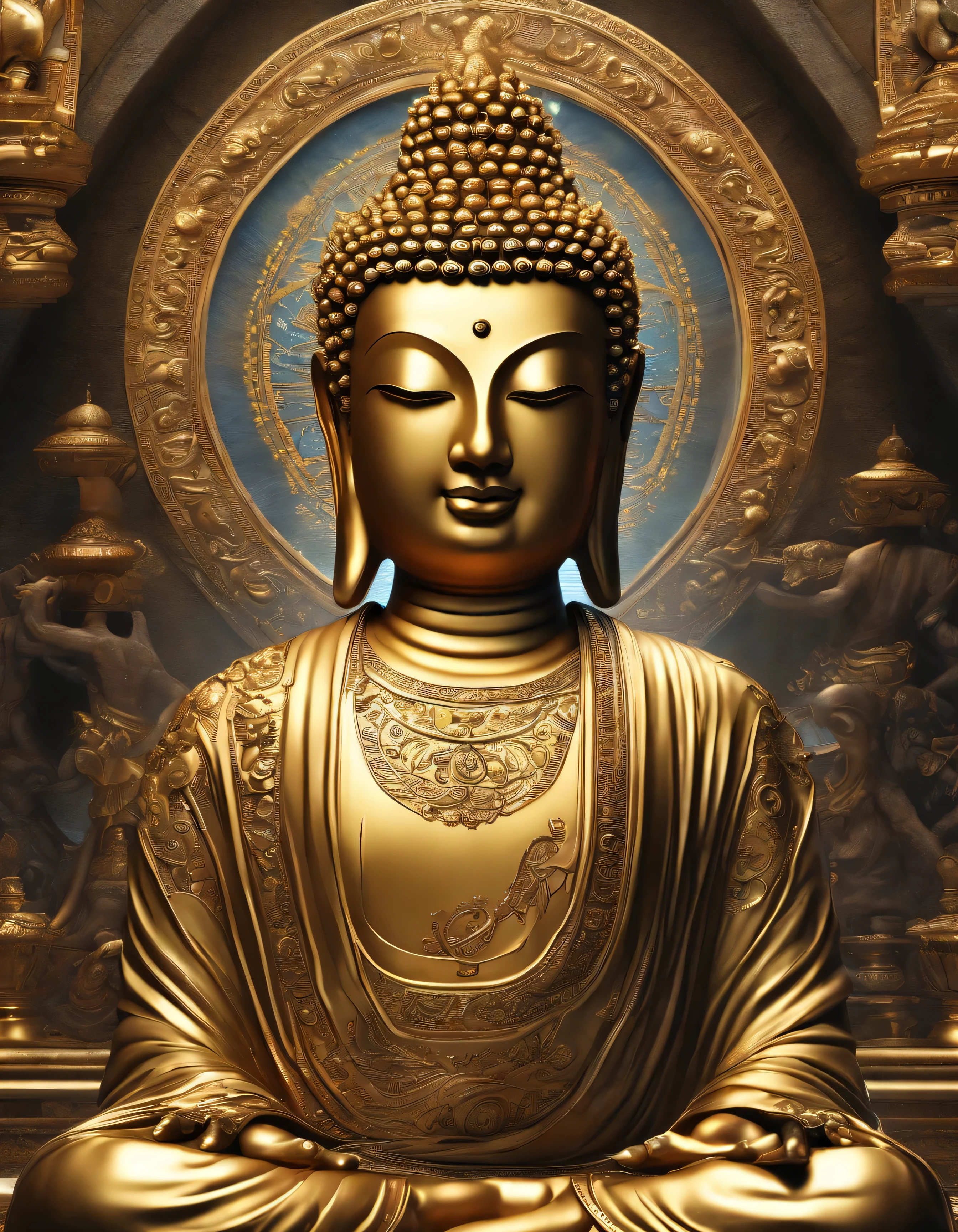 (breathtaking,4k,8k,High resolution,table top:1.2),Super detailed,(realistic,realistic,Photoreal:1.37),Buddha,enlightenment,Calm,illumination,Inner glow,deep spiritual journey,Cosmic enlightenment,quiet,vivid description,Radiant energy and flow,reincarnation,shining golden halo,Exists in another dimension,With the holy grail at the core.