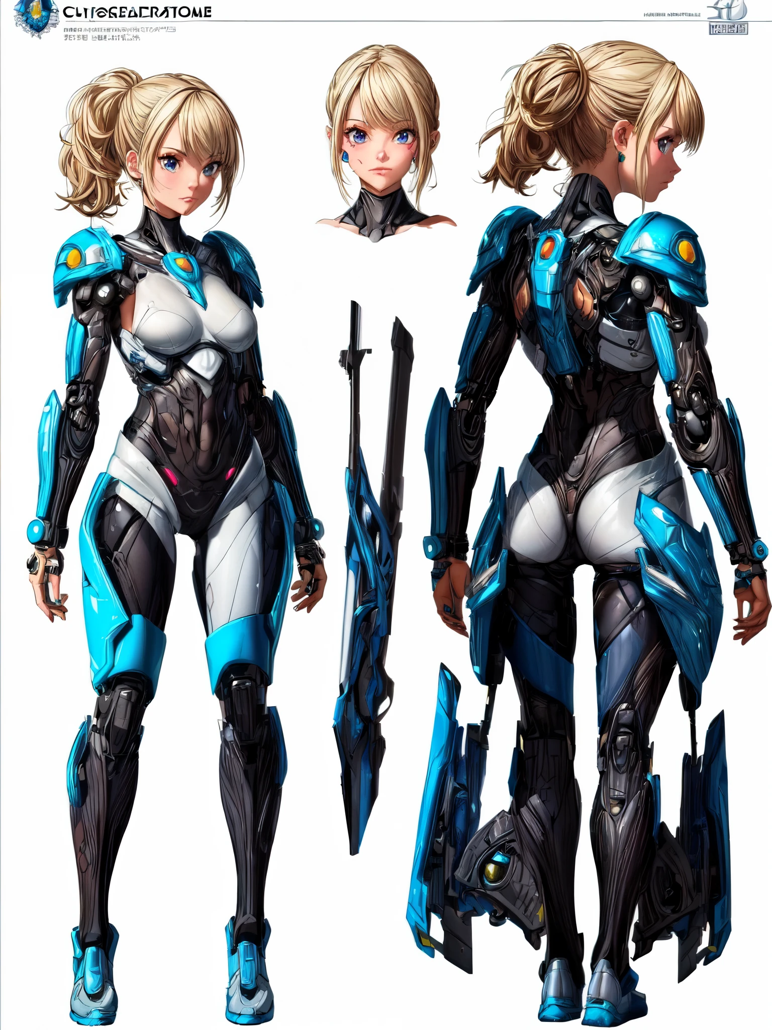 ((masterpiece)),(((best quality))),(character design sheet, same character, front, side, back),(CharacterSheet:1), (three view drawing), (multiple views, full body, upper body, reference sheet:1.2), (simple background, white background), (simple background, white background),,"(best quality, highres, masterpiece:1.2), ,cyborg girl with armor,metallic armor,futuristic concept,strong and powerful,body modifications