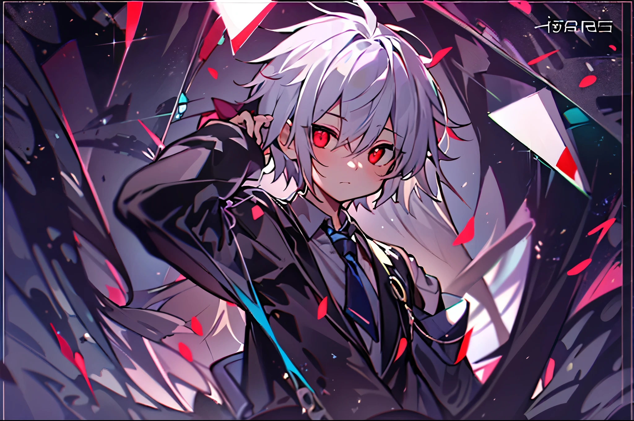 High resolution、close distance、one boy、solo、Anime boy with white hair and red eyes staring at the camera、glowing red eyes、slim、dressed in black、shadow body、colorful background、messy hair、Yamaro Yandere、diagonal angle