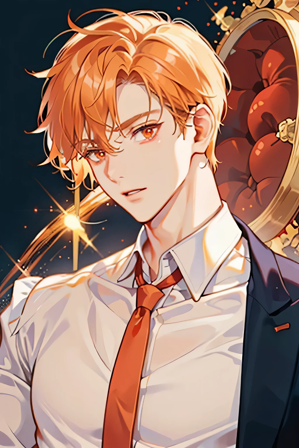 cream beige short hair,red and orange eyes,white dress shirt,red tie,tall and muscular man, broad shoulders, fine eyes, 