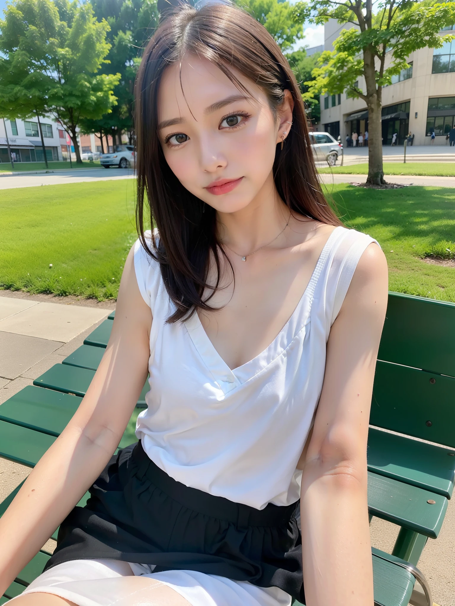 ((Best of the highest quality, 8k, Masterpiece: 1.3, raw photo)), Sharp focus: 1.2, (1 AESPA girl: 1.1), (Solo: 1.18), (realistic, photo-realistic:1.37), face focus, cute face, finely eyes, (Small breasts, flat chest, Thigh: 1.3), (full nude: 1.3), short messy hair, updo, (lying on park bench: 1.4), garden, flower,