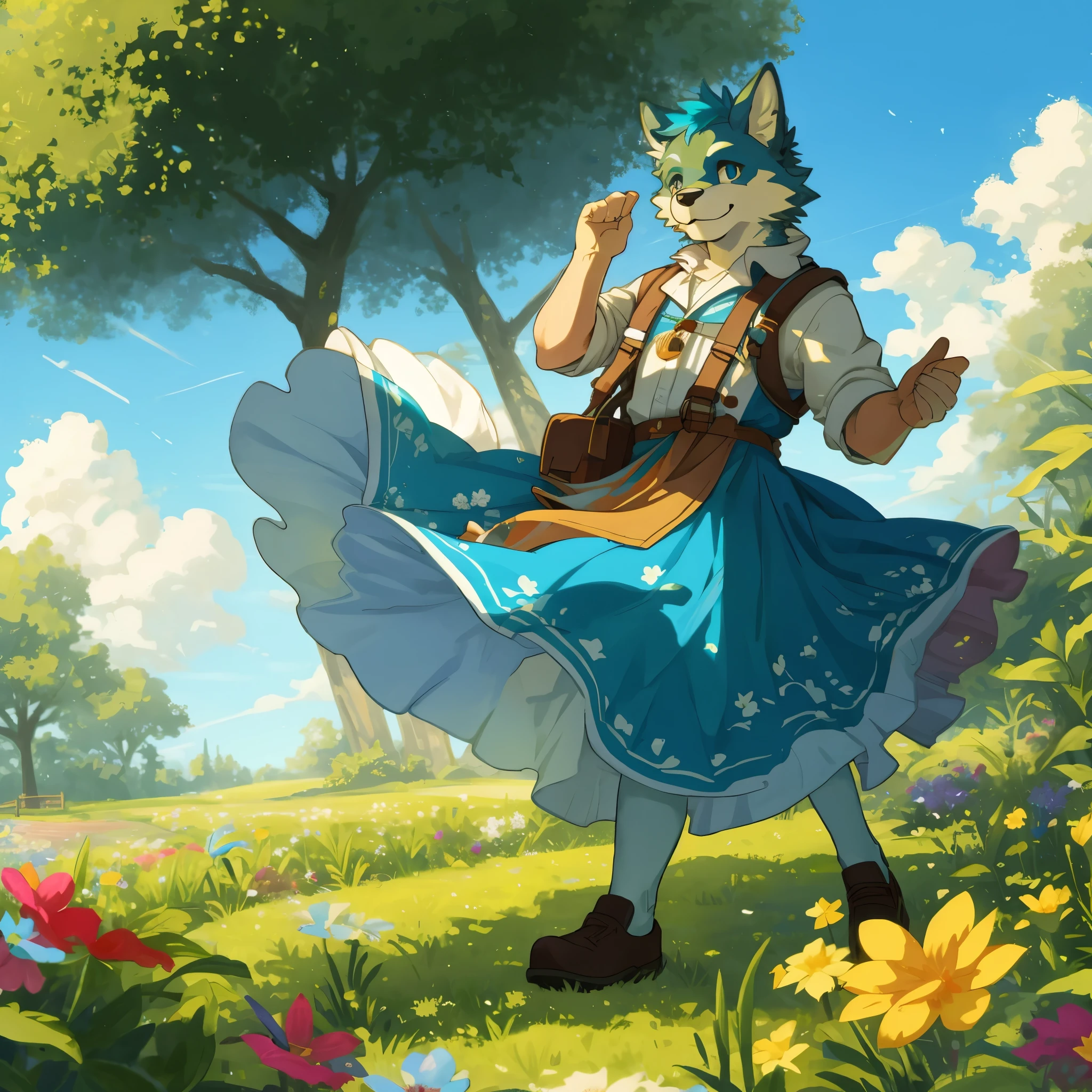 top quality, highres, High-quality illustrations, unparalleled masterpiece(movie of life)nature-inspired imagery, rendered in maya, romanticized views, lively illustrations, hyper-realistic, whimsical cartoonish, farm, Blue sky, clouds, florals Beautiful garden(furry anthro, solo, boy, casual fashion, Relux pose, Smile)absurdres, perfect anatomy, caustics, cinematic lighting, lens flare, deep shadow, dynamic angle,