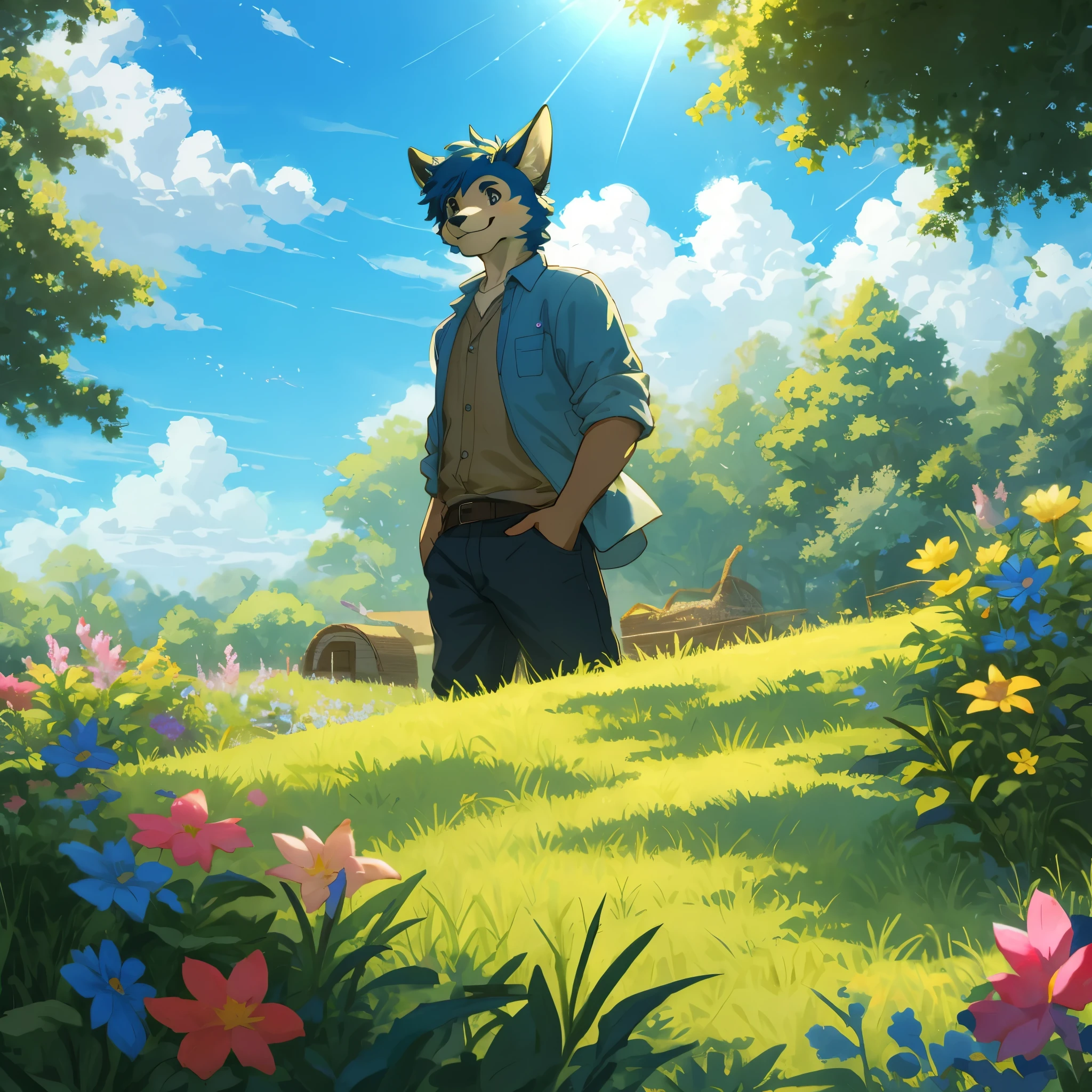 top quality, highres, High-quality illustrations, unparalleled masterpiece(movie of life)nature-inspired imagery, rendered in maya, romanticized views, lively illustrations, hyper-realistic, whimsical cartoonish, farm, Blue sky, clouds, florals Beautiful garden(furry anthro, solo, boy, casual fashion, Relux pose, Smile)absurdres, perfect anatomy, caustics, cinematic lighting, lens flare, deep shadow, dynamic angle,