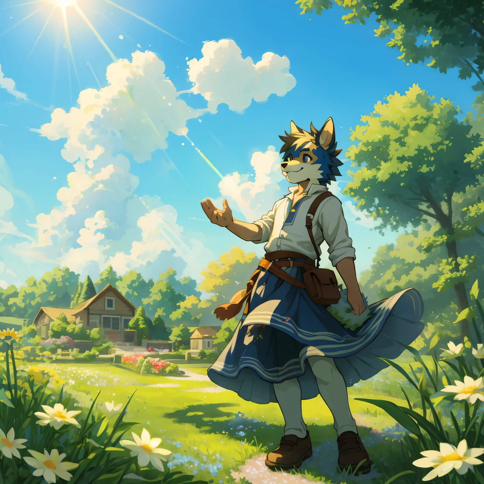 top quality, highres, High-quality illustrations, unparalleled masterpiece(movie of life)nature-inspired imagery, rendered in maya, romanticized views, lively illustrations, hyper-realistic, whimsical cartoonish, farm, Blue sky, clouds, florals Beautiful garden(furry anthro, solo, boy, casual fashion, Relux pose, Smile)absurdres, perfect anatomy, caustics, cinematic lighting, lens flare, deep shadow, dynamic angle,
