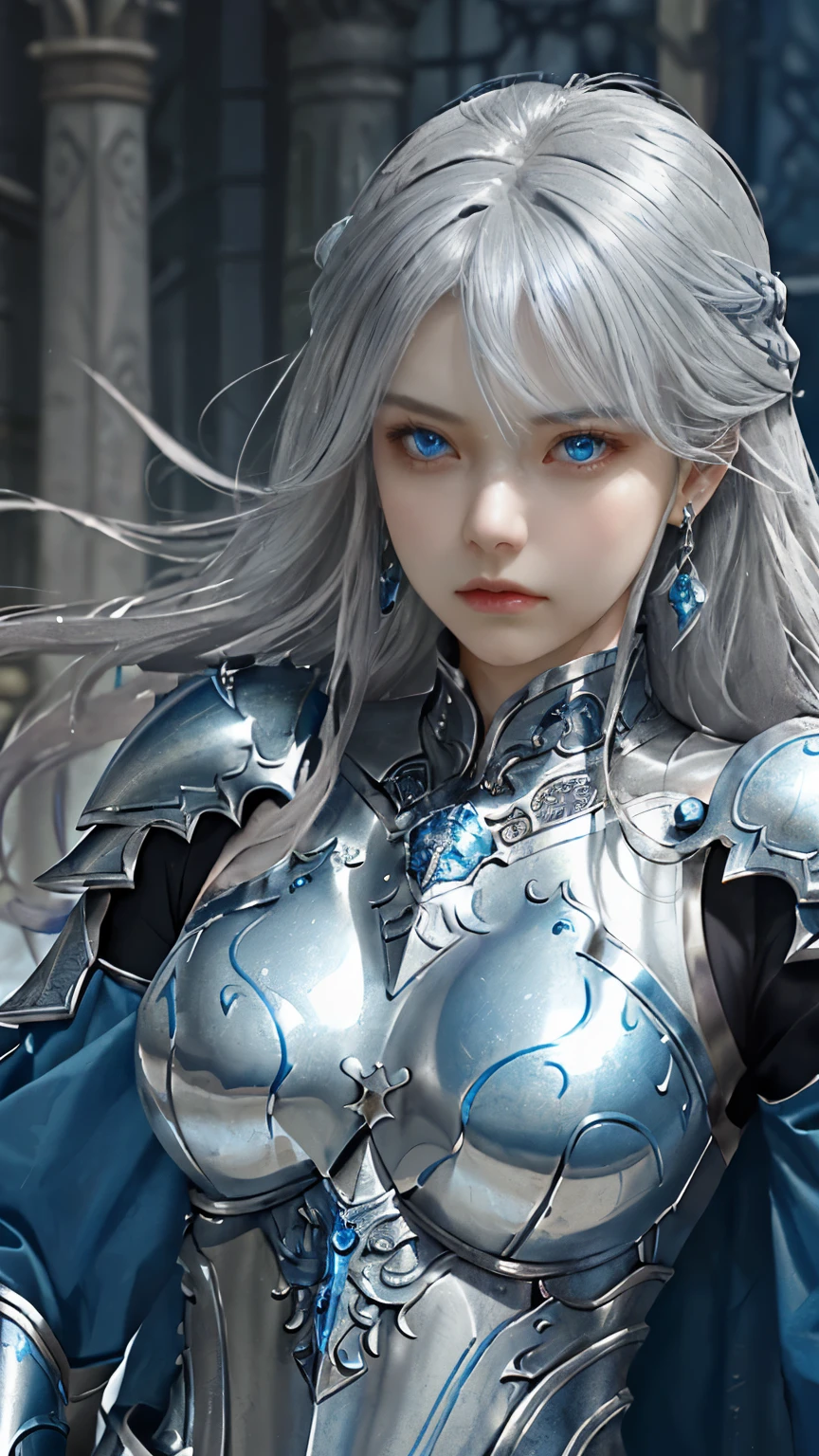 a close up of a woman in a silver and blue dress, chengwei pan on artstation, by Yang J, (Female adventurers in medieval fantasy), stunning character art, fanart best artstation, epic exquisite character art, ((Frown, get angry))，haughty，Noble and charming，(A fantasy combat suit，Cool Battle Armor，The magnificent armor of a knight，Metallic luster，A delicate badge of magic), armor girl, silver hair,Precisely expresses details such as face and skin texture,beautiful eye, blue eye,double eyelid,delicate skin,slender body shape,alone,big breast, (Wearing the most beautiful and noble earrings)