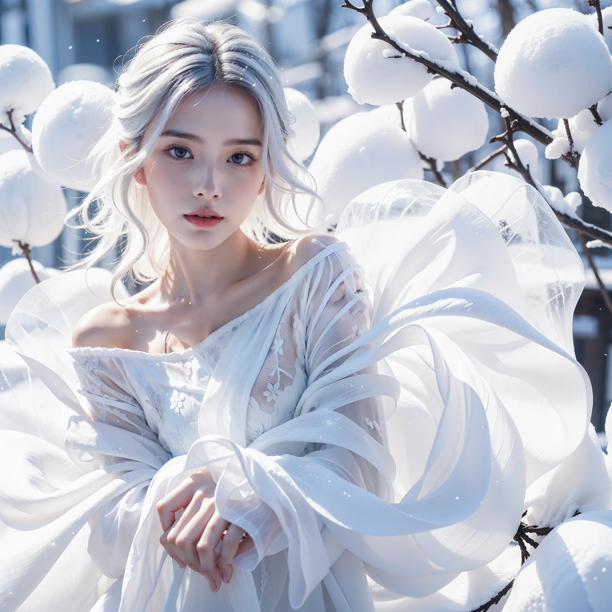 1girll,(snow,Ice), snow flower, In winter, White Hair, Shiny hair, Wavy Hair, Clothes transparent, frills, lace, wet clothes, off_shoulder, I scrunchie,masterpiece, Telephoto lens, Absurd, exquisite facial features