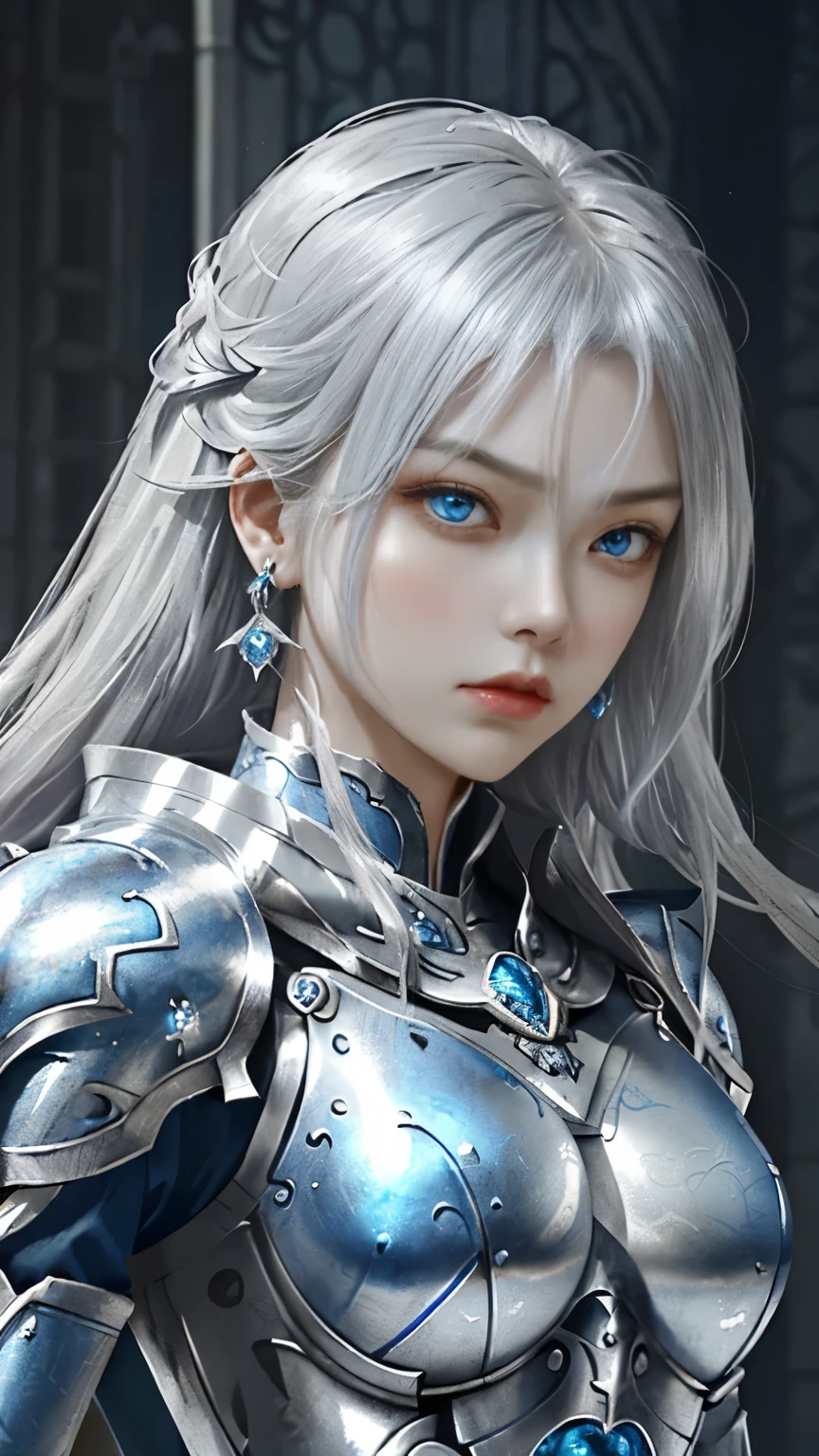 a close up of a woman in a silver and blue dress, chengwei pan on artstation, by Yang J, (Female adventurers in medieval fantasy), stunning character art, fanart best artstation, epic exquisite character art, ((Frown, get angry)),haughty,Noble and charming,(A fantasy combat suit,Cool Battle Armor,The magnificent armor of a knight,Metallic luster,A delicate badge of magic), armor girl, silver hair,Precisely expresses details such as face and skin texture,beautiful eye, blue eye,double eyelid,delicate skin,slender body shape,alone,big breast, (Wearing the most beautiful and noble small earrings)