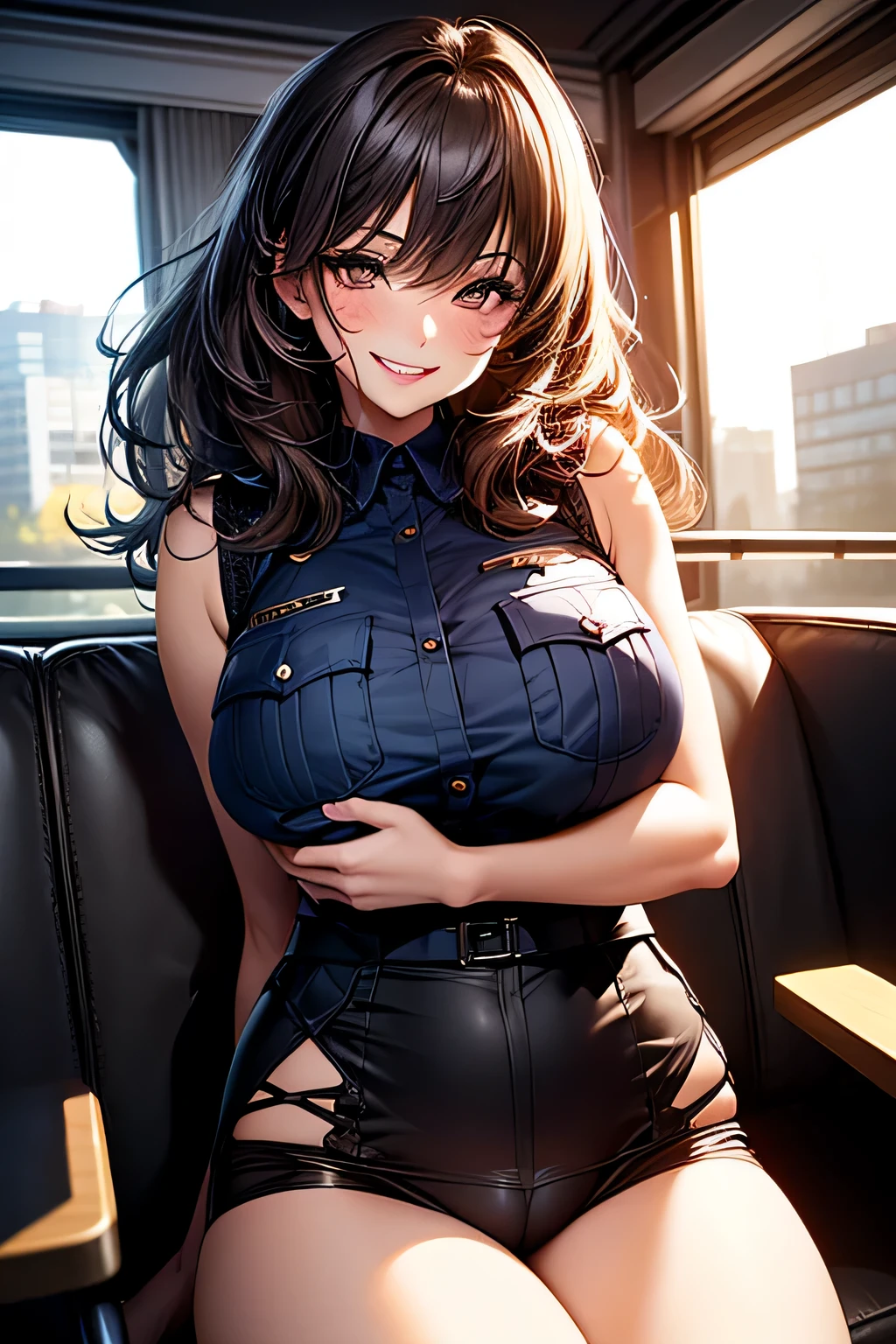 (1 beautiful mature slut), alone, gorgeous face, (blush)、((wearing a police uniform)), grin and laugh、red lips, eye shadow, eyeliner, ((open crotch))、Please show me your armpits、such an ass、((Please sit down))、big and full breasts, thighs, bob hair, lingerie、masterpiece, highest quality, 8k, realistic