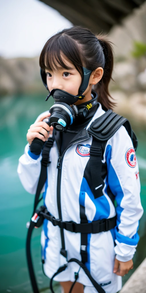 scuba diving, A -yeld Jaese girl breathes from a tank to a regulator., pure white wet suit, colorful tail., masterpiece, Accurate, highest quality, High resolution