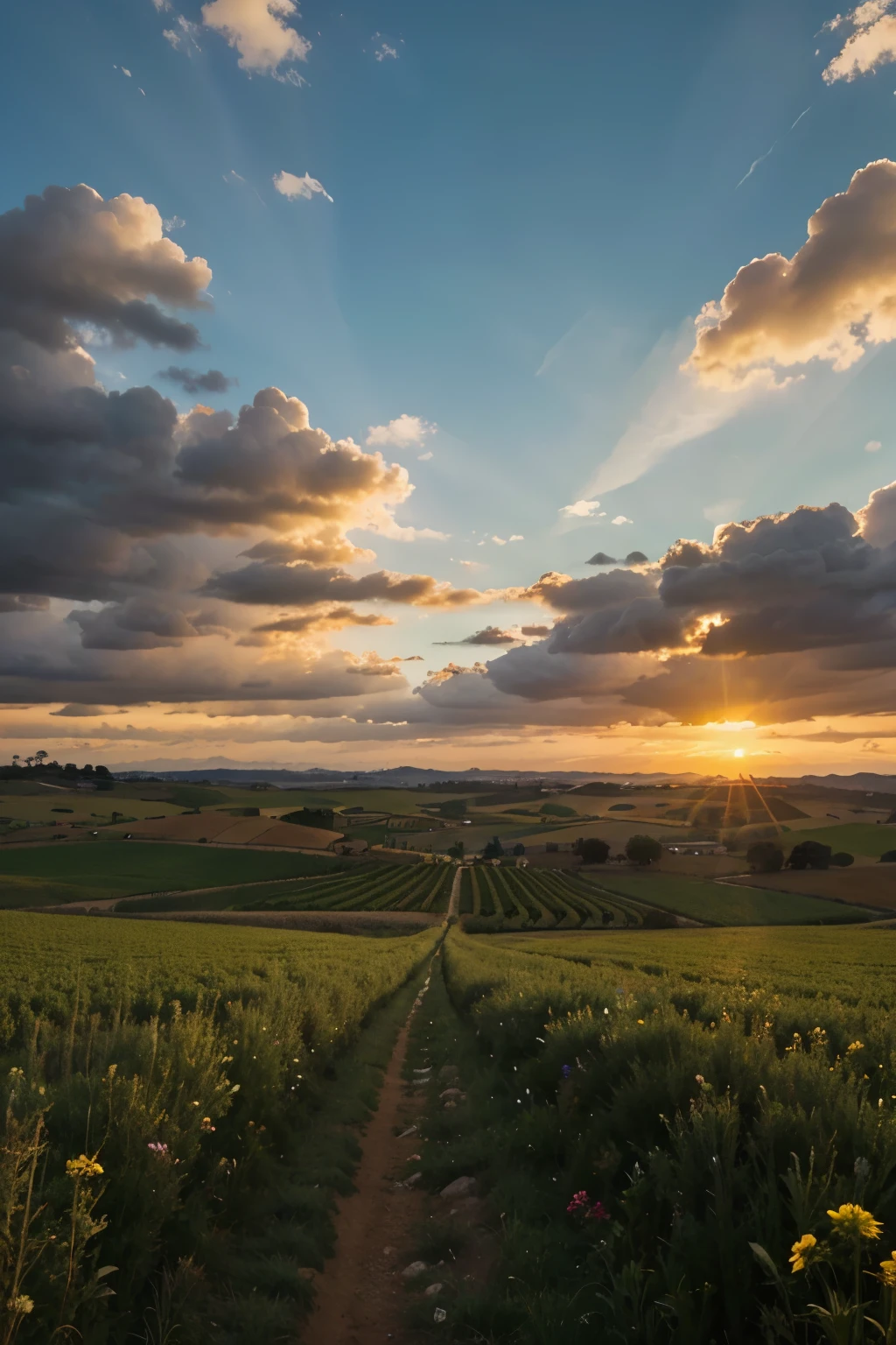campos de flores, camino de tierra, atardecer.  