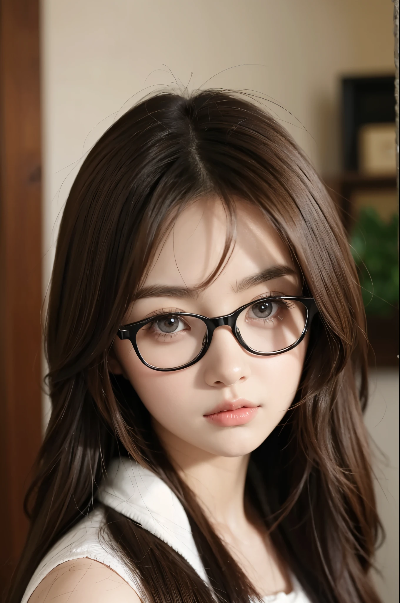 brown hair,big eyes，Wears large-rimmed glasses，Fair skin anime face portrait，anime girl，long hair