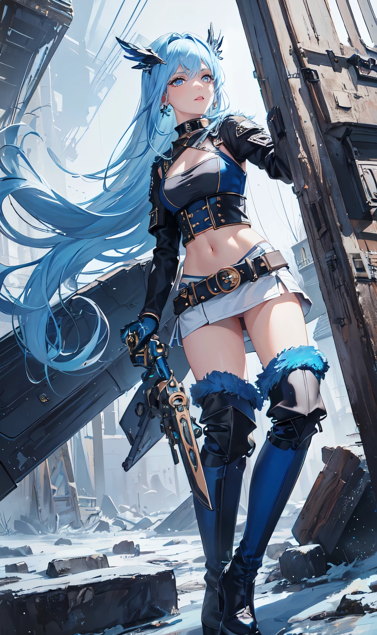 Abandoned winter industrial town background,(pure white straight hair:2.0),(blue cu rlhair end:2.0)issue card,Standing close-up,dream world,scars on face,(Slender blue phoenix eyes,pink lipstick,long eyelashes),Gloves,Short sword,choker,(Assassin's Tight Combat Suit,Torn and worn midriff-baring combat uniform,Leather miniskirt,leg rings,belt:2.0),fur tube top(choker),Over-the-knee high-heeled boots,strappy high heel boots,There are many straps on the legs,Detailed drawn background