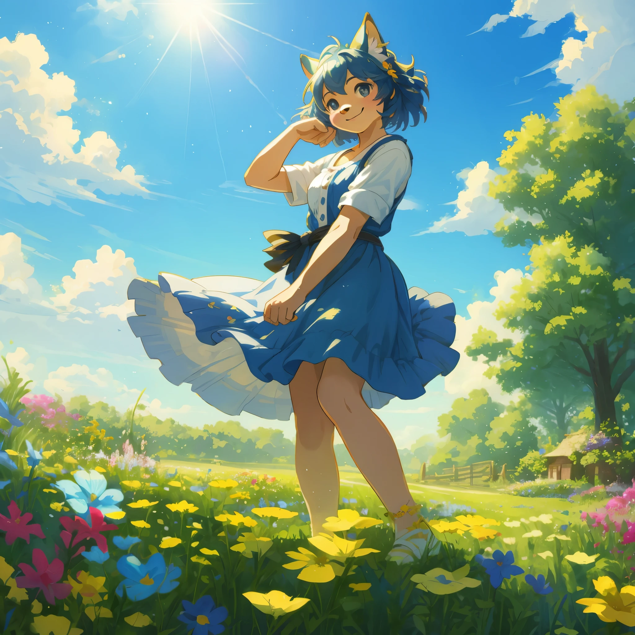 top quality, highres, High-quality illustrations, unparalleled masterpiece(movie of life)nature inspired imagery, rendered in maya, romanticized views, lively illustrations, hyper realistic, whimsical cartoonish, farm, Blue sky, clouds, florals Beautiful garden(furry anthro, solo, girl, casual fashion, Relux pose, Smile)absurdres, perfect anatomy, caustics, cinematic lighting, lens flare, deep shadow, dynamic angle,