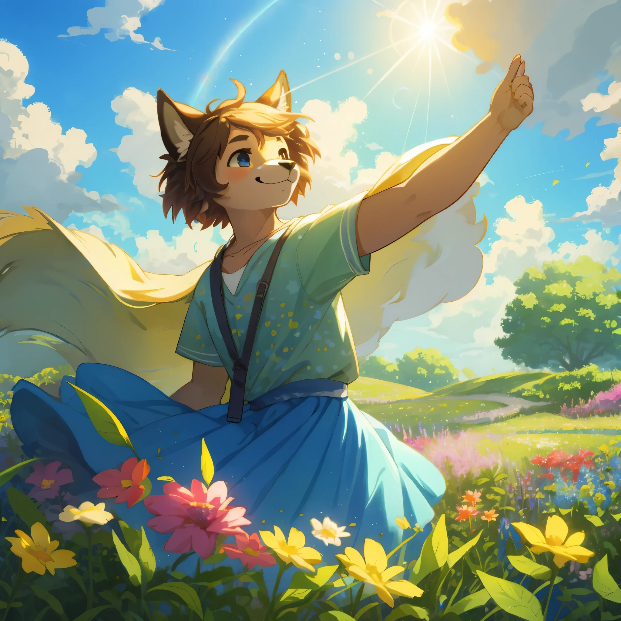 top quality, highres, High-quality illustrations, unparalleled masterpiece(movie of life)nature inspired imagery, rendered in maya, romanticized views, lively illustrations, hyper realistic, whimsical cartoonish, farm, Blue sky, clouds, florals Beautiful garden(furry anthro, solo, girl, casual fashion, Relux pose, Smile)absurdres, perfect anatomy, caustics, cinematic lighting, lens flare, deep shadow, dynamic angle,