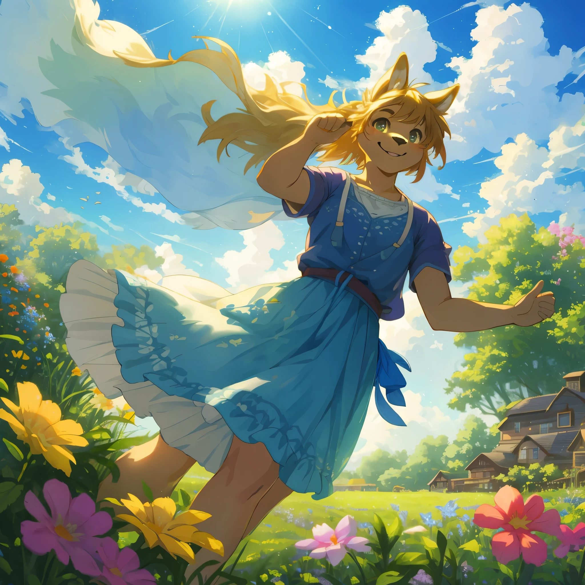 top quality, highres, High-quality illustrations, unparalleled masterpiece(movie of life)nature inspired imagery, rendered in maya, romanticized views, lively illustrations, hyper realistic, whimsical cartoonish, farm, Blue sky, clouds, florals Beautiful garden(furry anthro, solo, girl, casual fashion, Relux pose, Smile)absurdres, perfect anatomy, caustics, cinematic lighting, lens flare, deep shadow, dynamic angle,