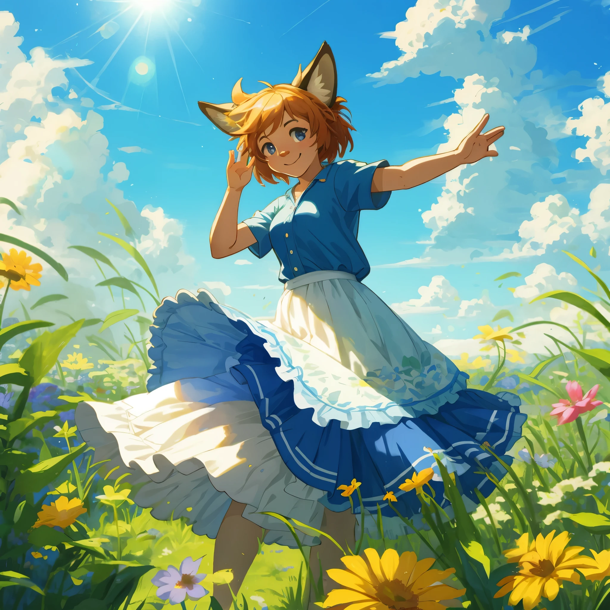 top quality, highres, High-quality illustrations, unparalleled masterpiece(movie of life)nature inspired imagery, rendered in maya, romanticized views, lively illustrations, hyper realistic, whimsical cartoonish, farm, Blue sky, clouds, florals Beautiful garden(furry anthro, solo, girl, casual fashion, Relux pose, Smile)absurdres, perfect anatomy, caustics, cinematic lighting, lens flare, deep shadow, dynamic angle,