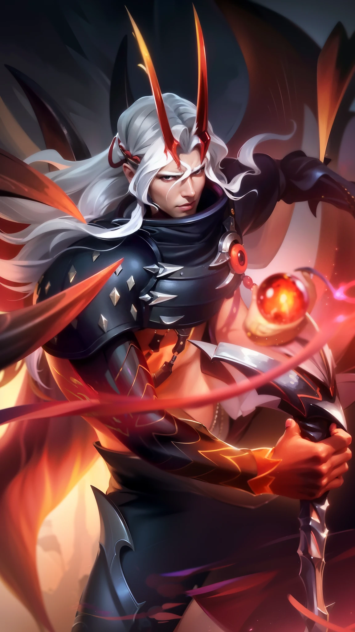 masculine male, masterpiece, ((perfect eyes)) best quality, (semirealism:1.9), beautiful lighting, (extremely detailed CG unity 4k fhd wallpaper), High Detail, Sharp focus, dramatic outdoors, red short hair, Best quality, detailed skin texture, detailed clothes texture, detailed face, super detail, 8k, intricate detail, 1 boy, The color doesn't change, Muscle guy, 1 guy character with a sword and a demon like face, onmyoji detailed art, onmyoji, heise jinyao, g liulian art style, onmyoji portrait, sylas, official splash art, by Yang J, splash art, rossdraws sakimimichan, amazing portrait of viego, by Zahari Zograf.